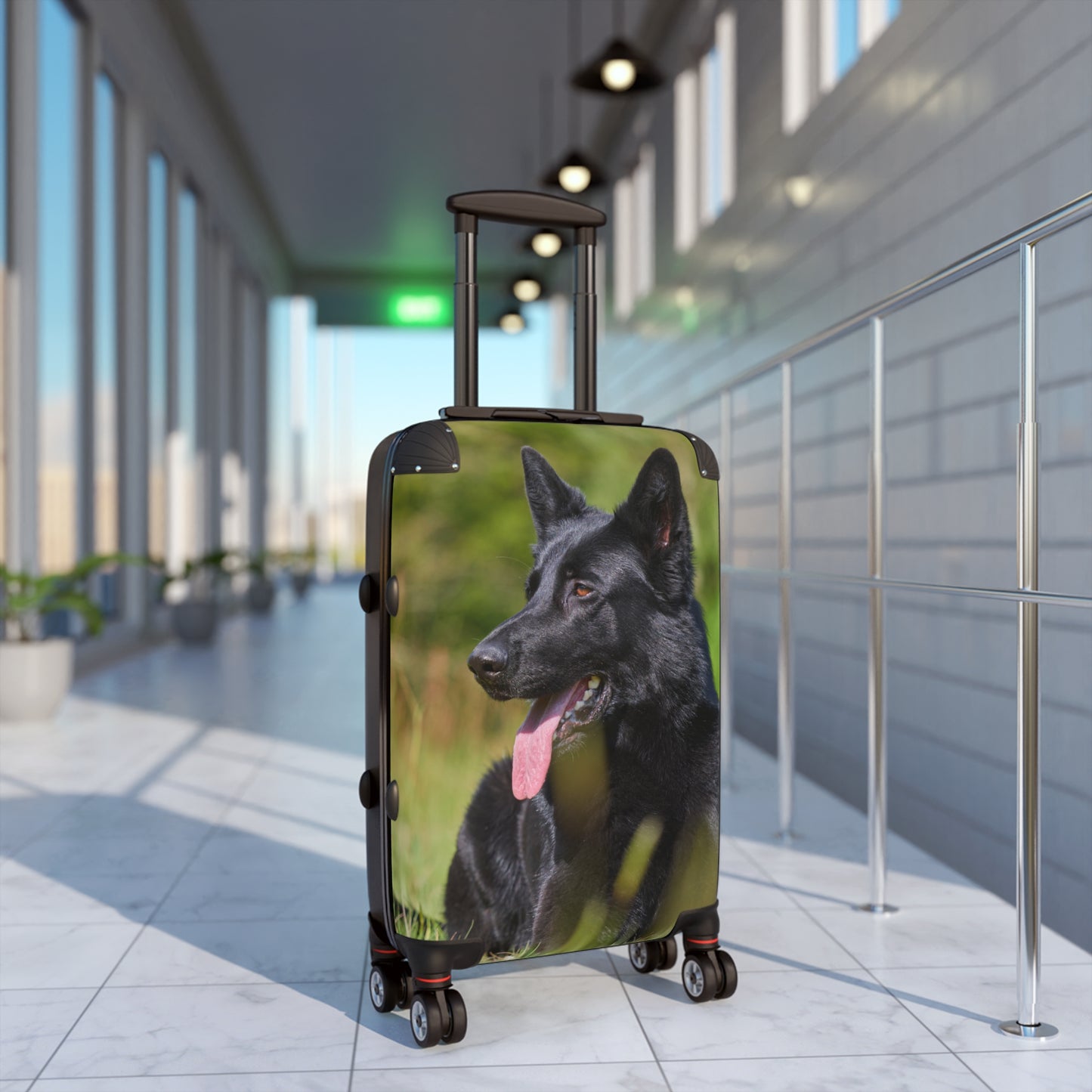 Dog Lovers Suitcase Featuring a Black German Shepherd Resting on Grass Looking Sideways