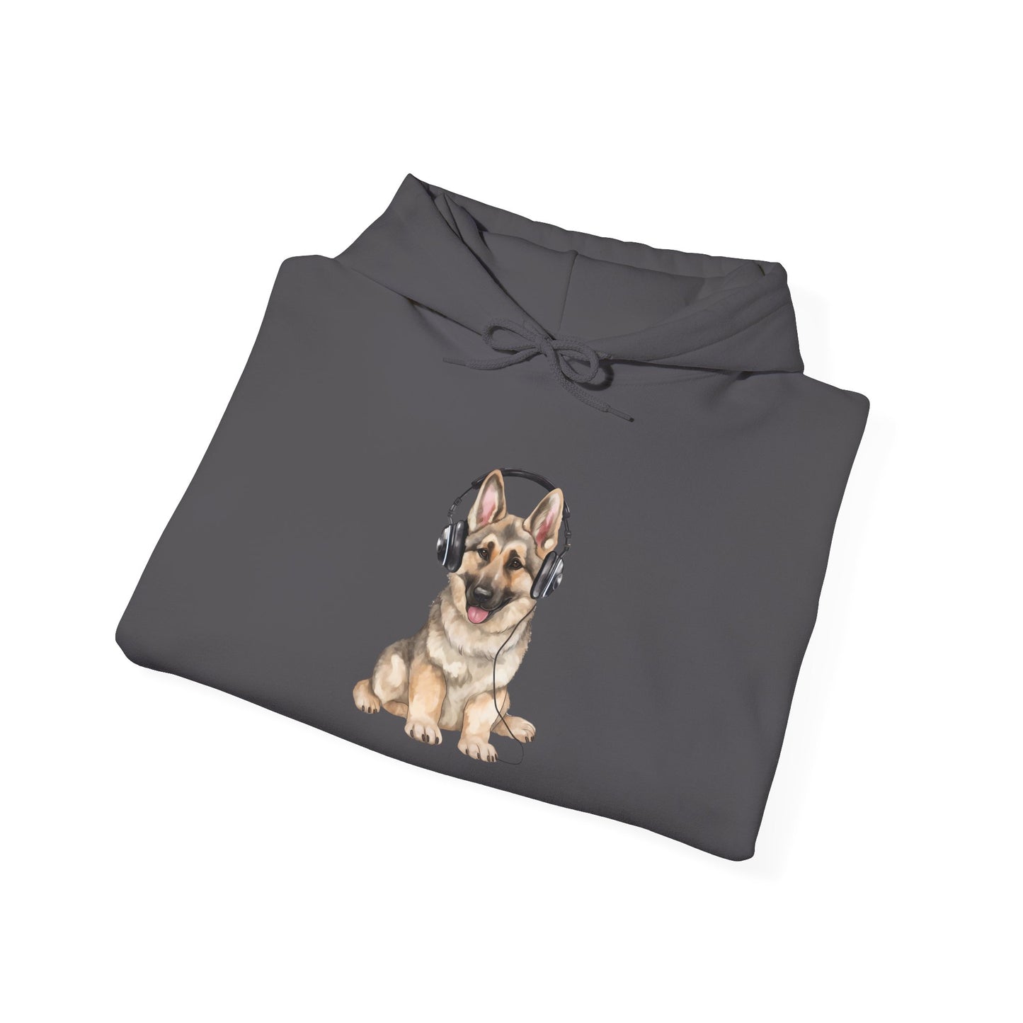 Unisex Dog Lover Hoodie With a German Shepherd Wearing Headphones Enjoying Music
