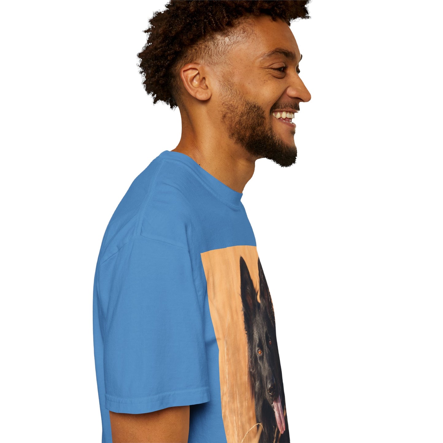 Unisex Dog Lover T-Shirt With Solid Black German Shepherd in the Middle of Long Dry Grass Leaving Tongue and Caption Selfless Beings