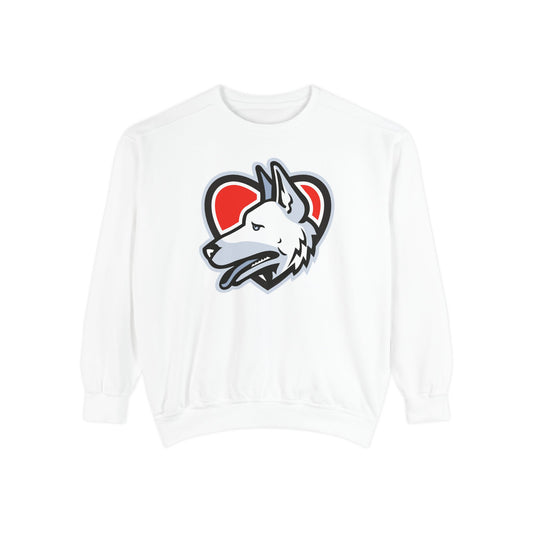 Unisex Dog Lover Sweatshirt With a Close Up Graphic of German Shepherd Placed Inside Red Heart