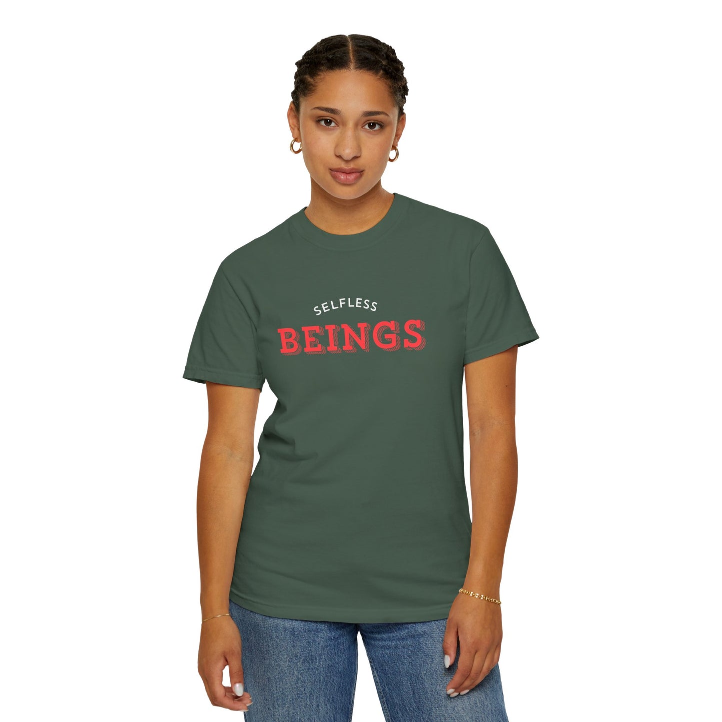 Unisex Dog Lover T-Shirt With Text "Selfless Beings" Designed in Red and White Style