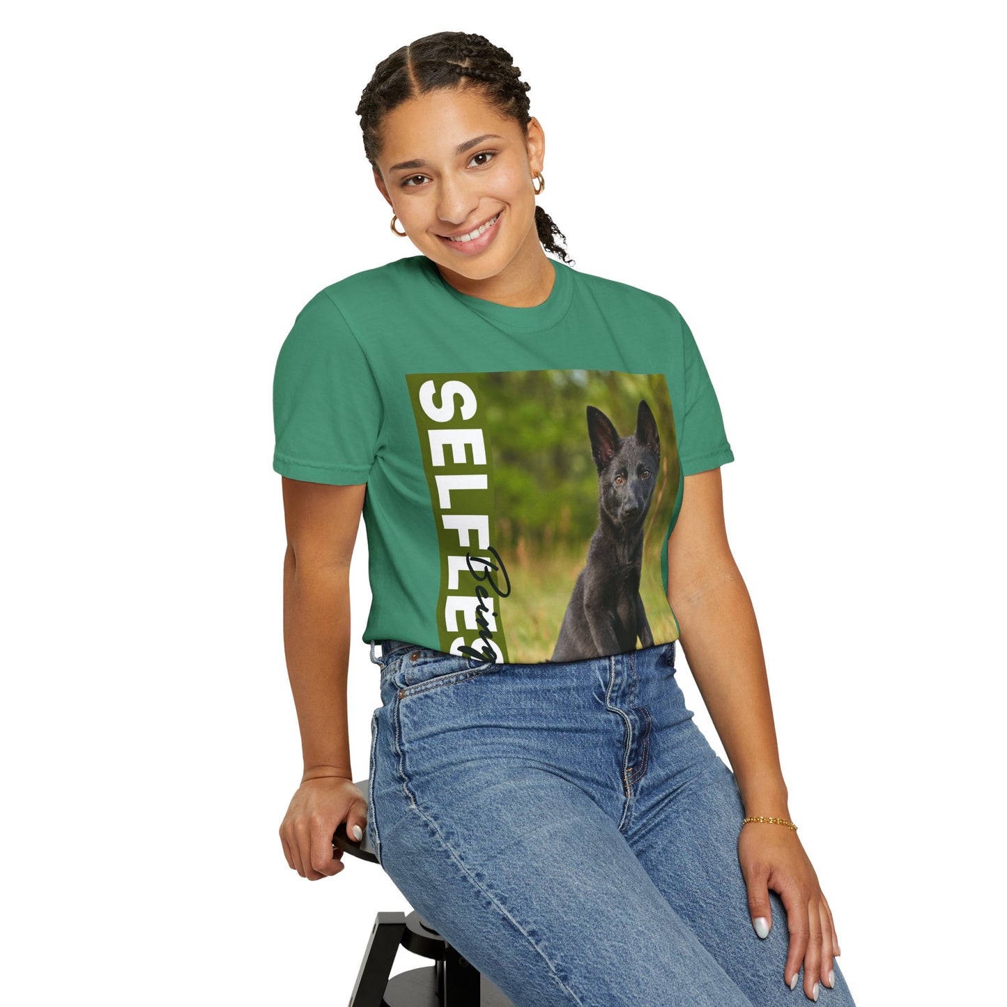 Unisex Dog Lover T-Shirt With Solid Black German Shepherd Puppy Sloppily Sitting on the Green Pasture and Caption Selfless Beings