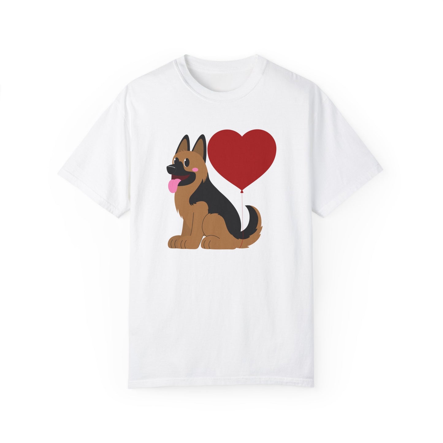 Unisex Dog Lover T-Shirt With a Graphic of German Shepherd Puppy and Heart Shaped Balloon Attached With Tail