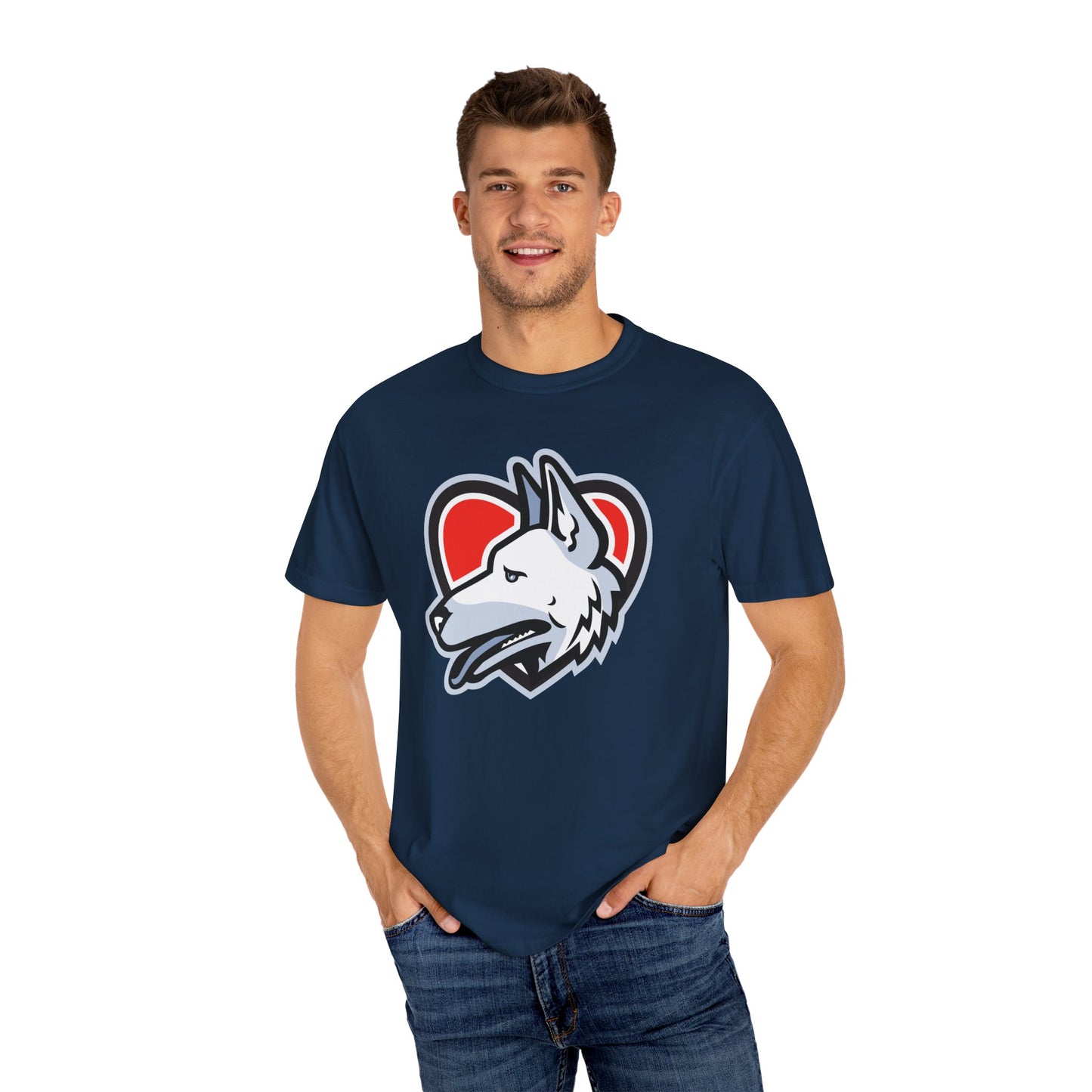Unisex Dog Lover T-Shirt With a Close Up Graphic of German Shepherd Placed Inside Red Heart