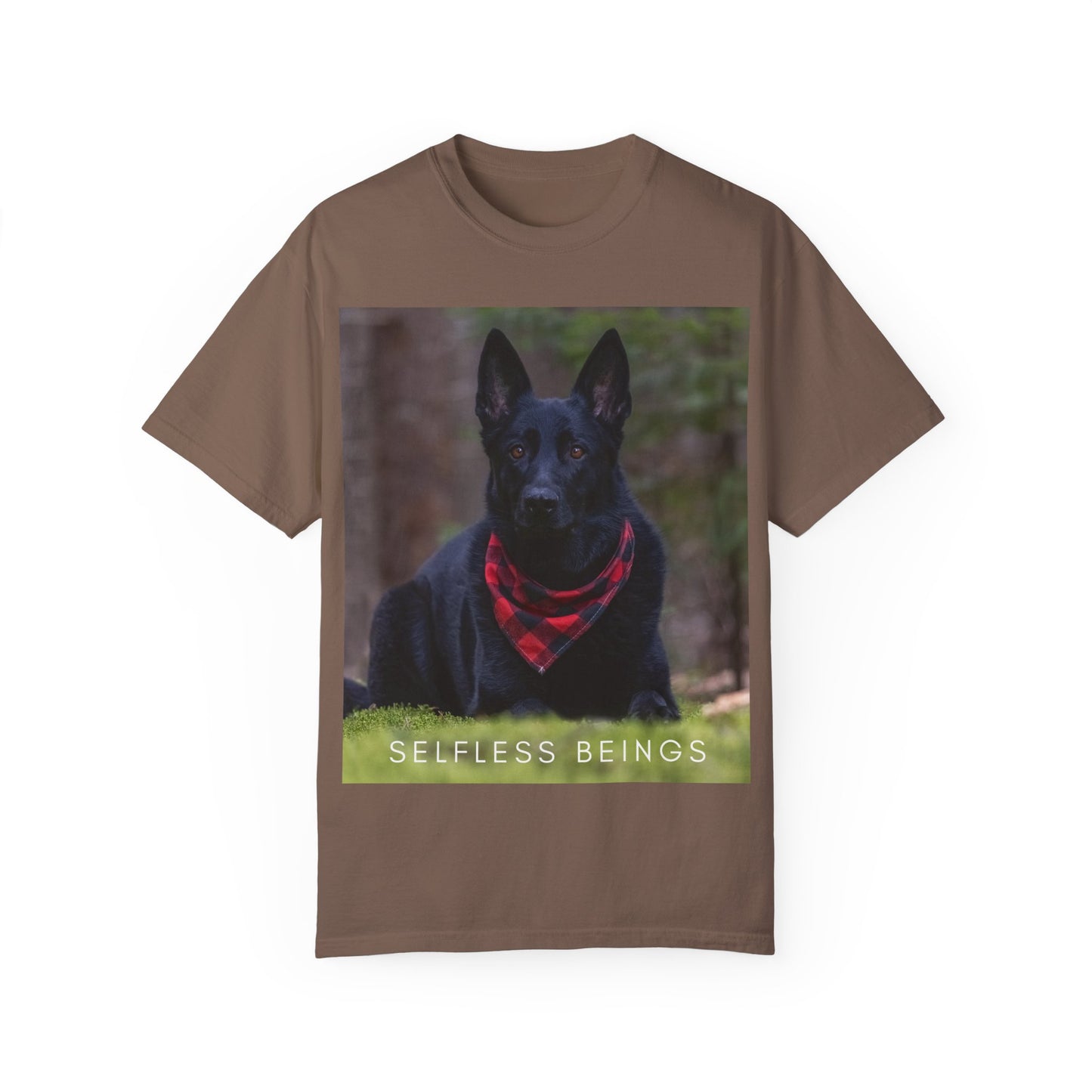 Unisex Dog Lover T-Shirt With a Solid Black German Shepherd Wearing a Red Romal Sitting and Caption Selfless Beings
