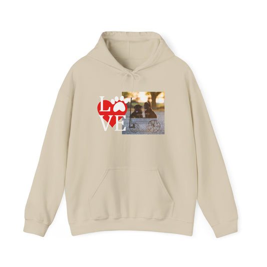 Unisex Dog Lover Hoodie With Two Cute German Shepherd Puppies Sitting on a Cart and Caption Love On Top of Red Heart