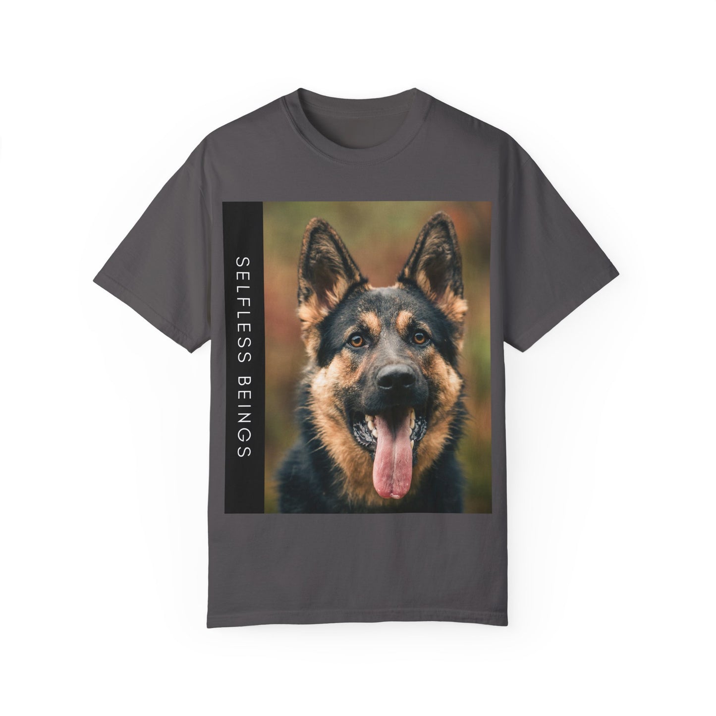 Unisex Dog Lover T-Shirt With Close Up of German Shepherd Leaving His Tongue Out and Caption Selfless Beings