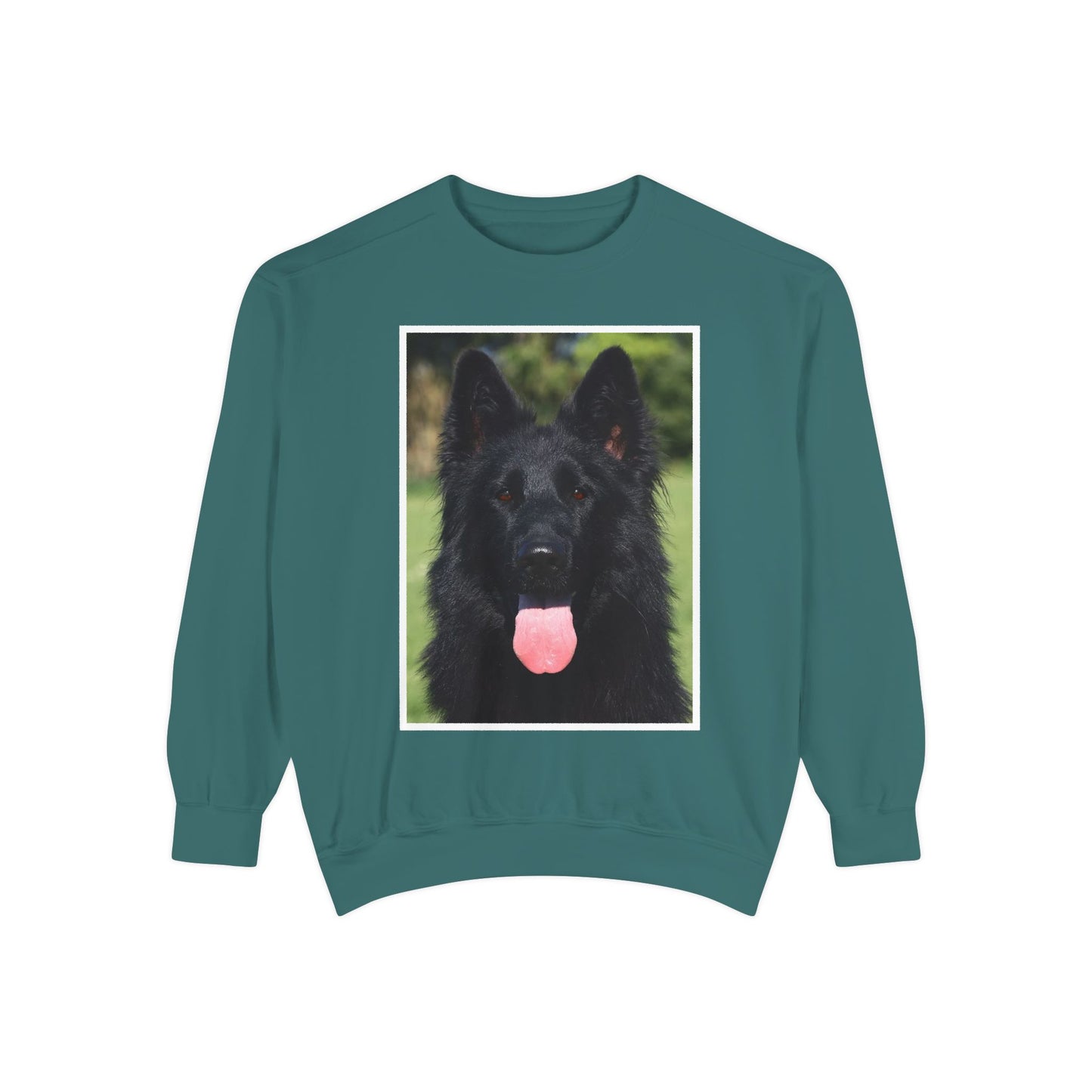Unisex Dog Lover Sweatshirt With a Close Up of Solid Black German Shepherd Leaving Hanging Tongue
