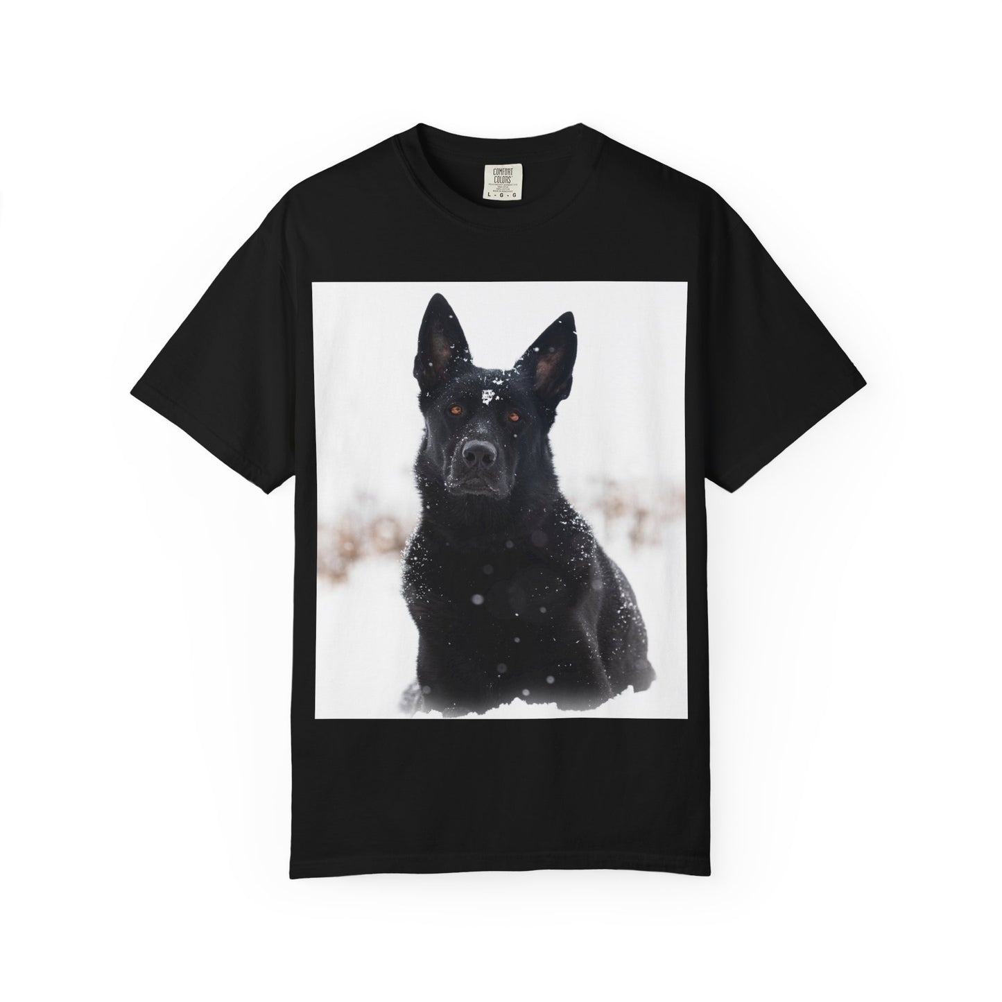 Unisex Dog Lover T-Shirt Featuring a Giant Black Working Line German Shepherd in the Snow