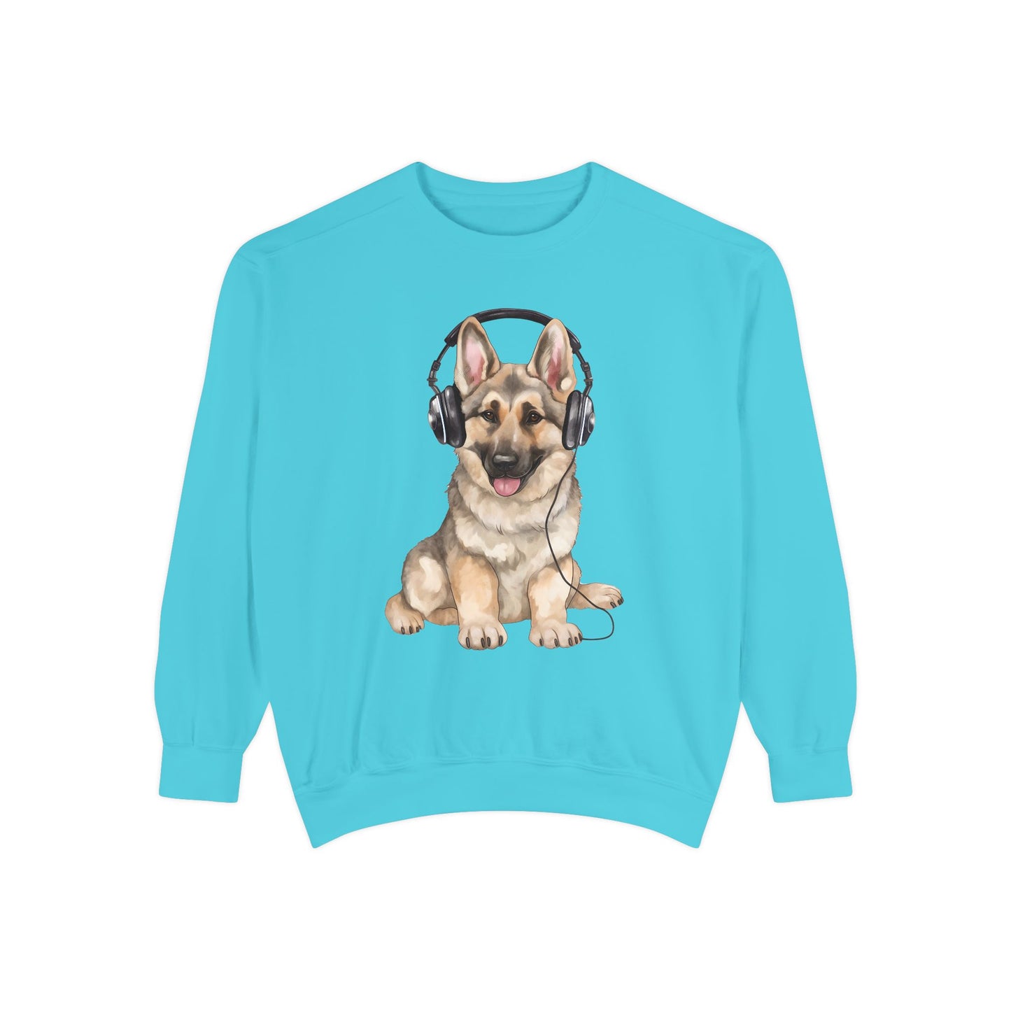 Unisex Dog Lover Sweatshirt With a German Shepherd Wearing Headphones Enjoying Music