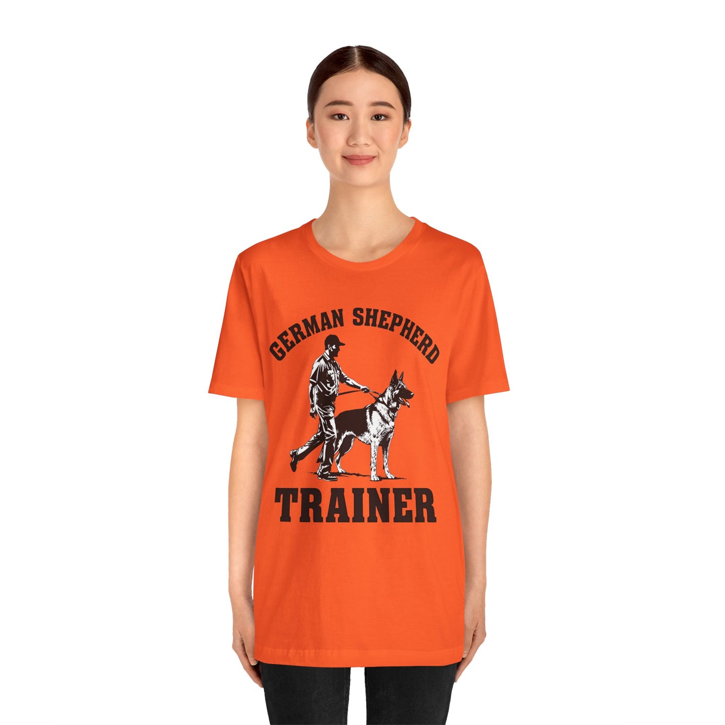 German Shepherd Trainer Tee - Black and White Design of Man Holding a German Shepherd