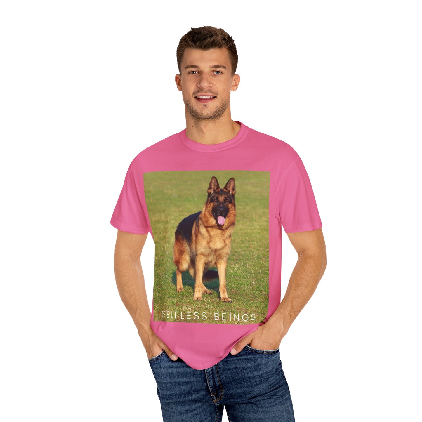 Unisex Dog Lover T-shirt With a German Shepherd on the Sports Grass Field and Caption Selfless Beings