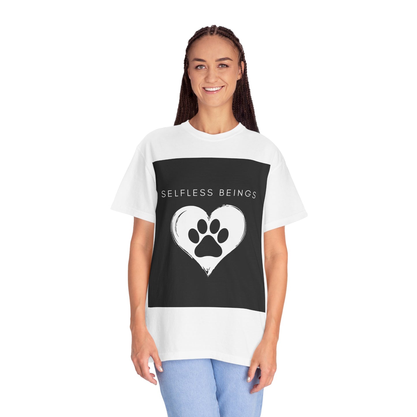 Unisex Dog Lover T-Shirt With Black Paw Print of a Dog Inside a White Heart and Caption Selfless Beings