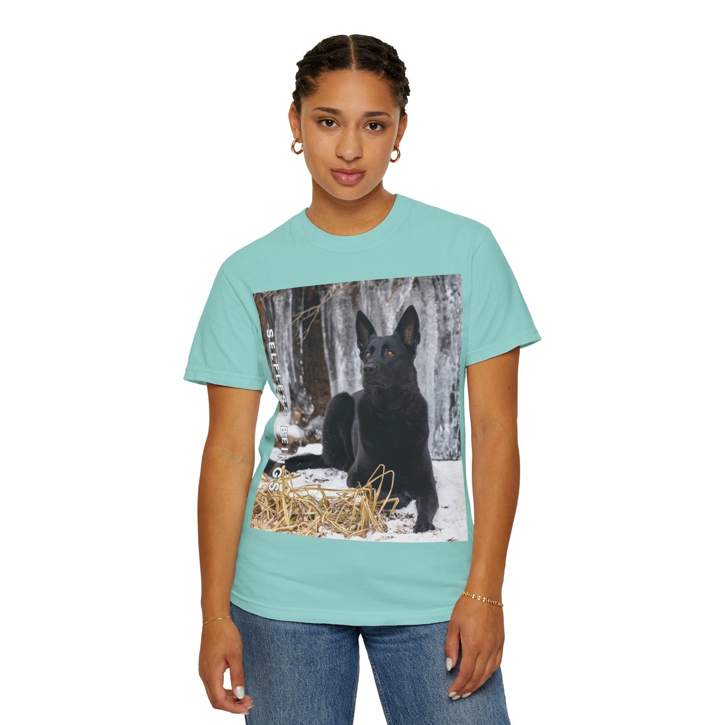 Unisex Dog Lover T-Shirt With Solid Black German Shepherd Sitting on the Snow, Ice Spikes in the Background and Caption Selfless Beings