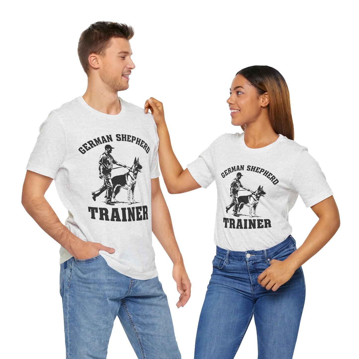 German Shepherd Trainer Tee - Black and White Design of Man Holding a German Shepherd