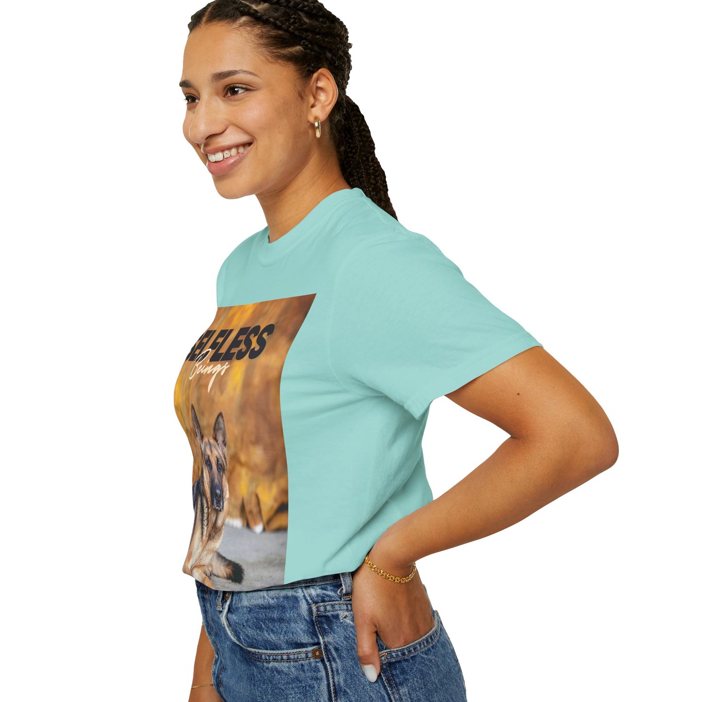 Unisex Dog Lover T-Shirt With Showline German Shepherd Posing for Camera, Autumn Background and Caption Selfless Beings