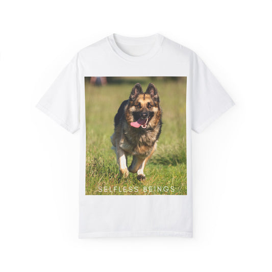 Unisex Dog Lover T-Shirt With Beautiful German Shepherd Running on the Field Leaving Tongue Out and Caption Selfless Beings