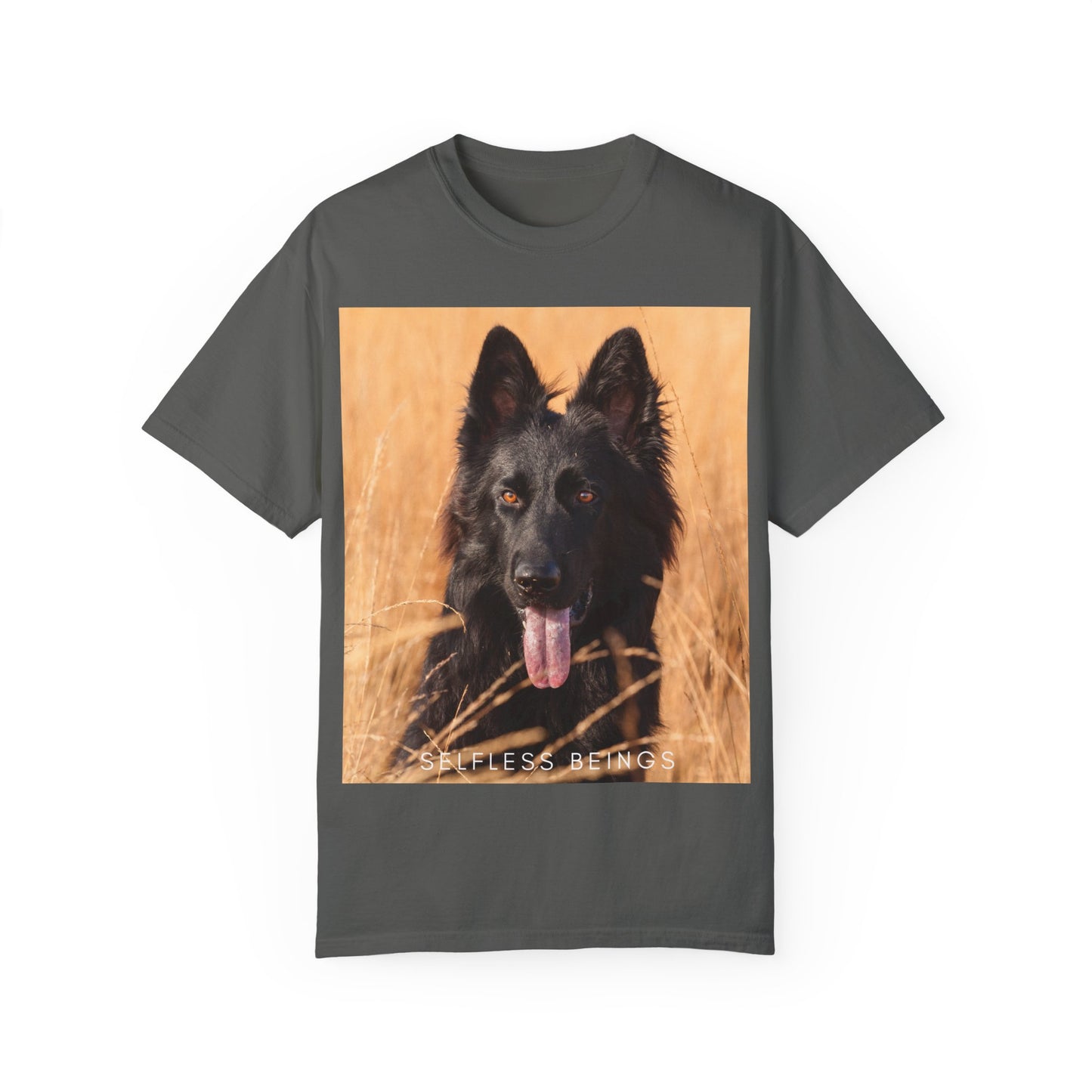 Unisex Dog Lover T-Shirt With Solid Black German Shepherd in the Middle of Long Dry Grass Leaving Tongue and Caption Selfless Beings