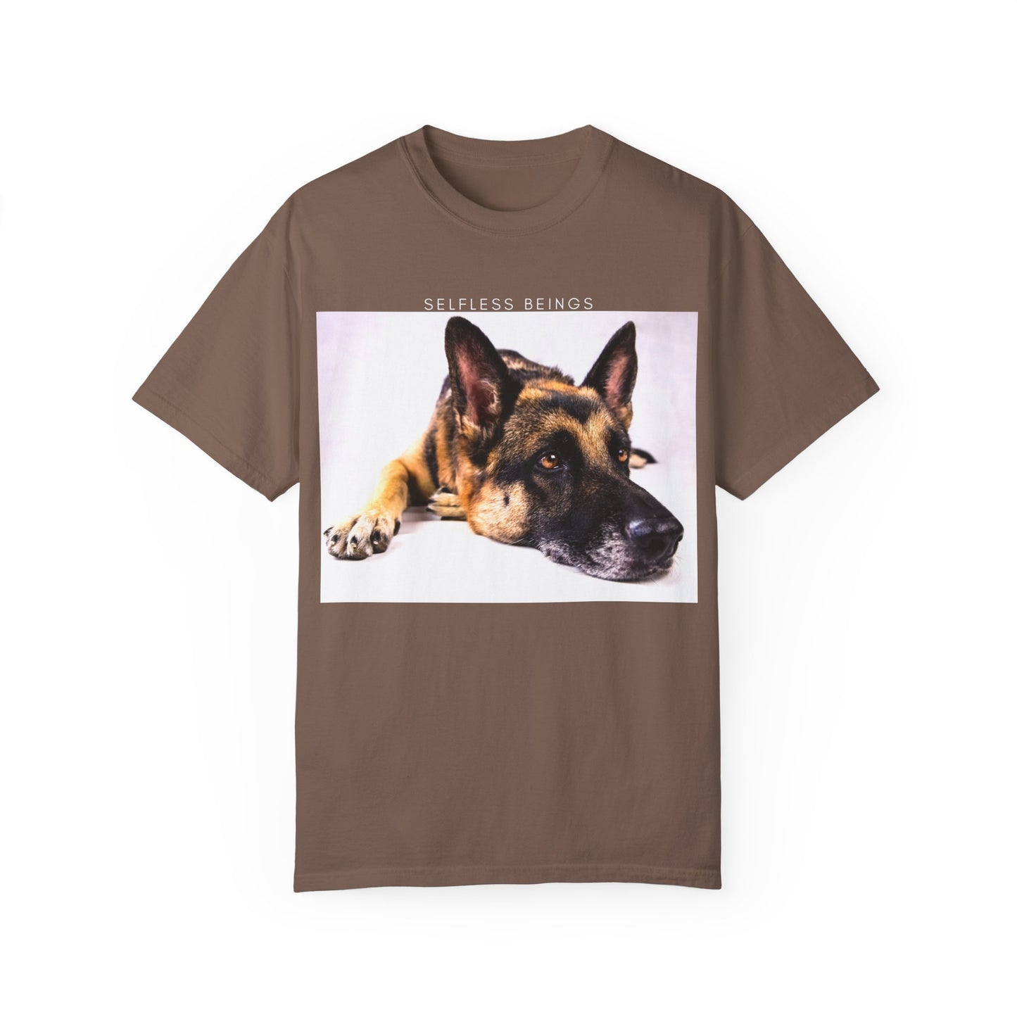Unisex Dog Lover T-Shirt With Close Up of Bored German Shepherd Laying His Head On the Floor and Caption Selfless Beings