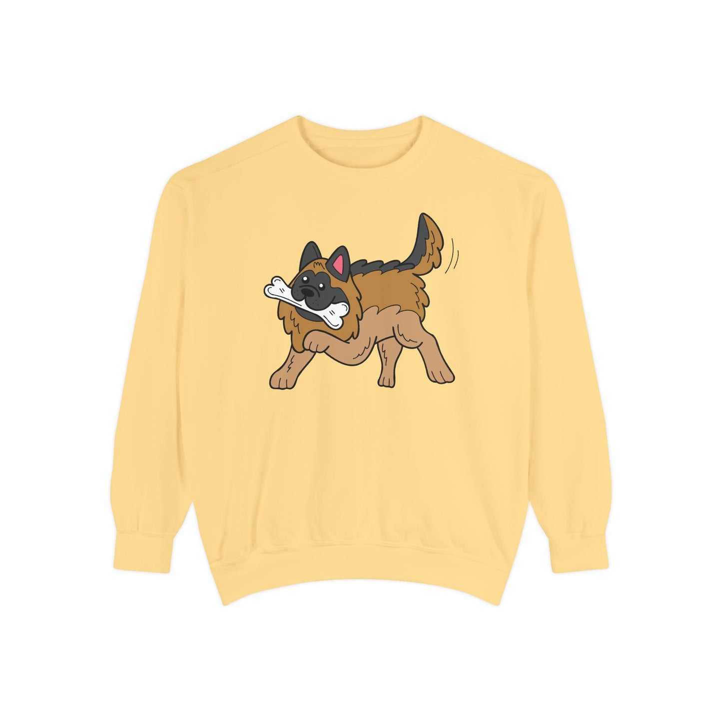 Unisex Dog Lover Sweatshirt With a Graphic of a German Shepherd Holding a White Bone in Mouth