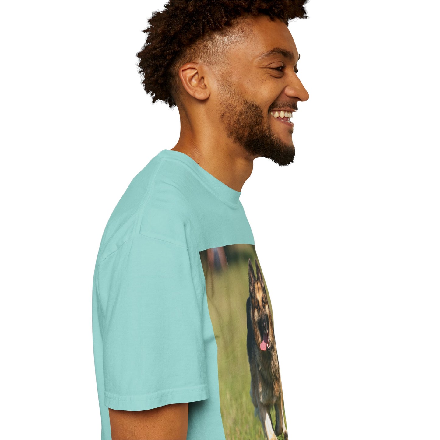 Unisex Dog Lover T-Shirt With Beautiful German Shepherd Running on the Field Leaving Tongue Out and Caption Selfless Beings