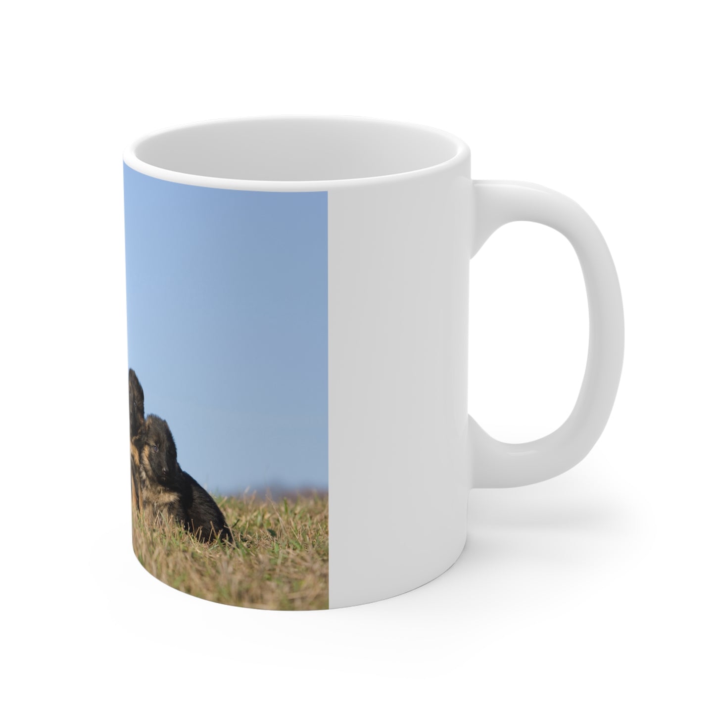 White Ceramic Dog Lover Mug With a German Shepherd and Two Puppies