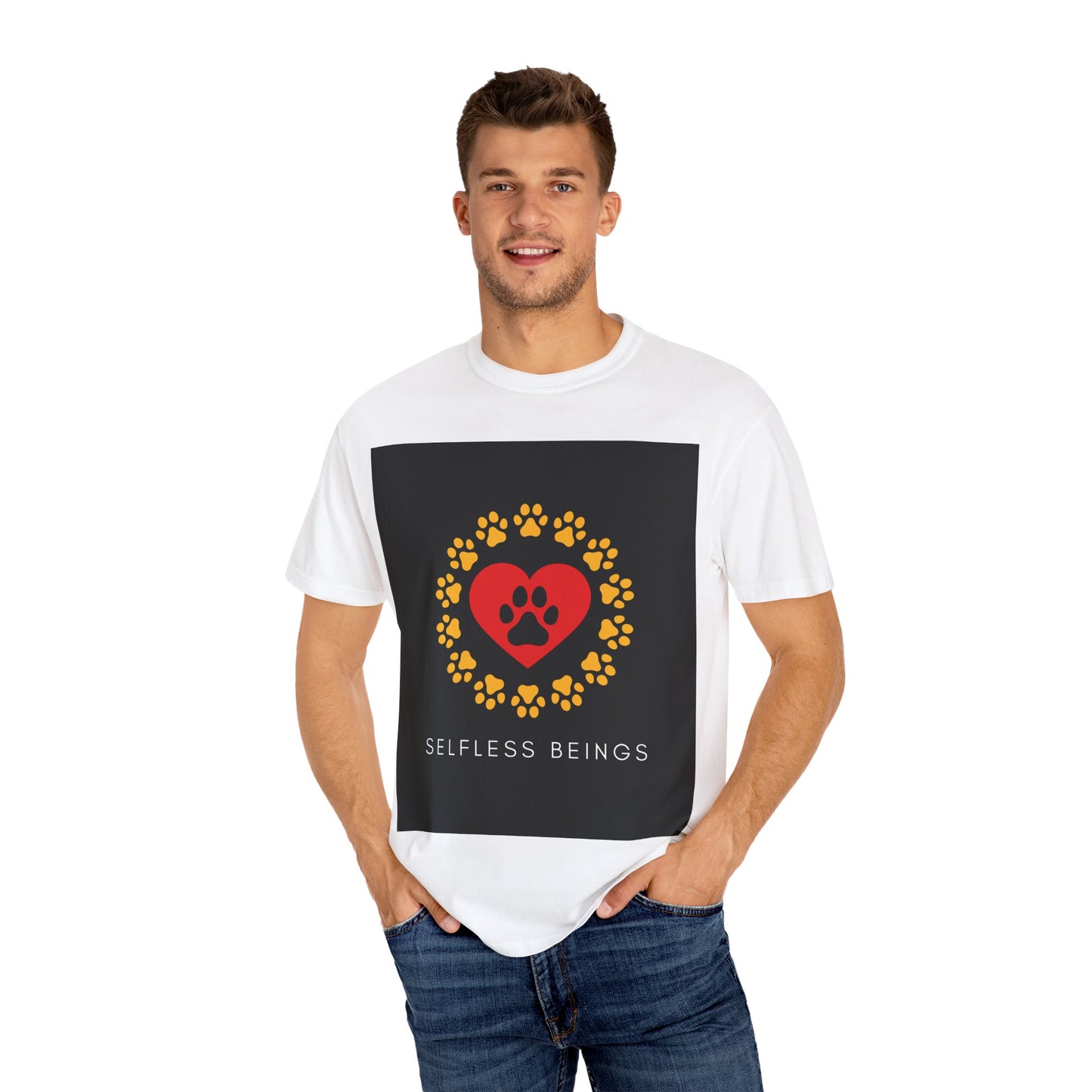 Unisex Dog Lover T-Shirt With Graphic of Yellow Paw Prints In Circle Contain Red Heart Which Contains Black Dog Paw Print Inside and Caption Selfless Beings