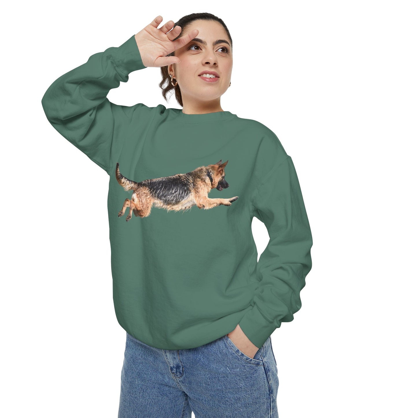 Unisex Dog Lover Sweatshirt With a Wet German Shepherd Jumping in the Air
