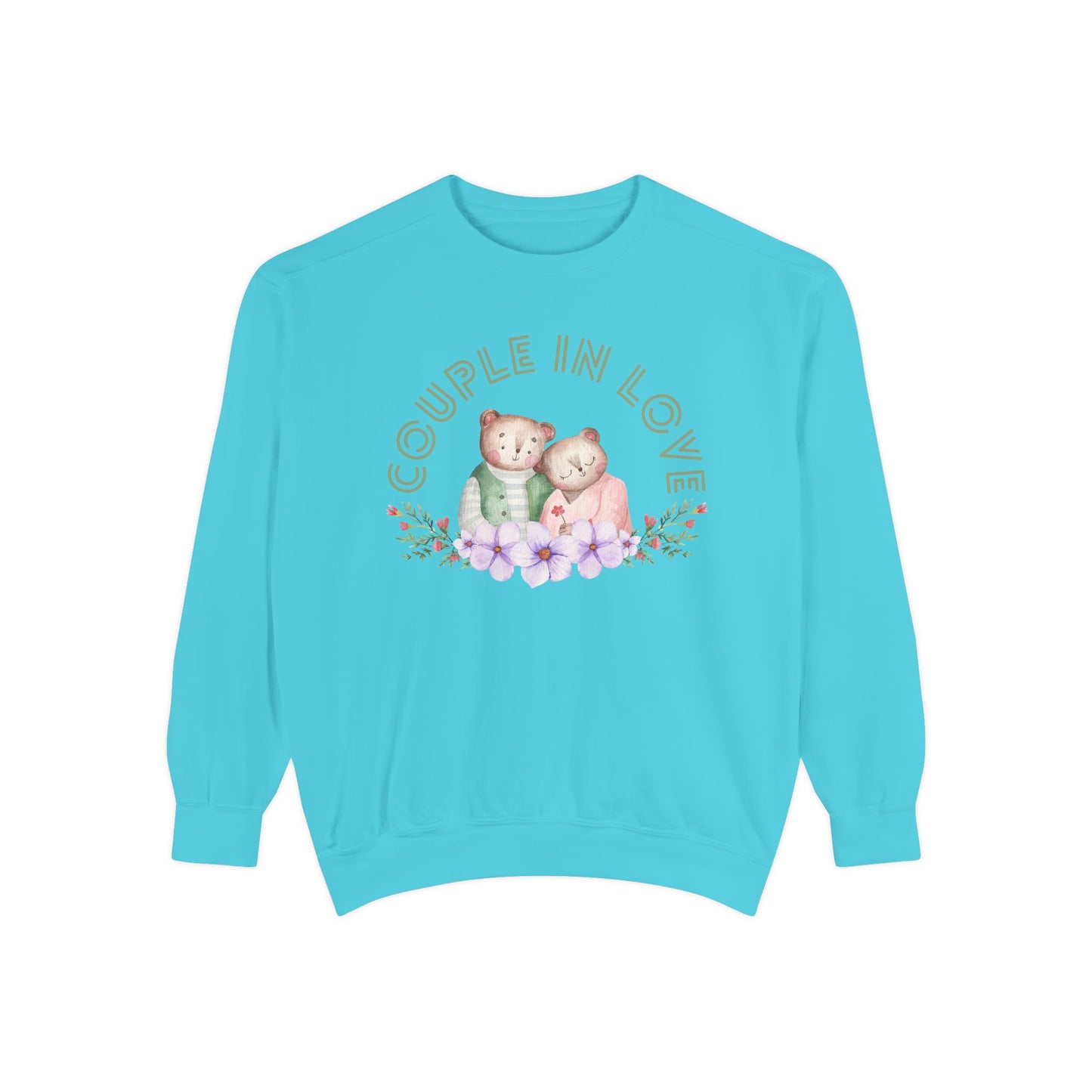 Unisex Valentine's Day Sweatshirt With Two Teddy Bears On Flowers and Caption Couple In Love