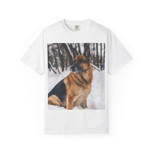 Unisex Dog Lovers T-Shirt Featuring a Beautiful German Shepherd Sloppily Sitting on the Snow