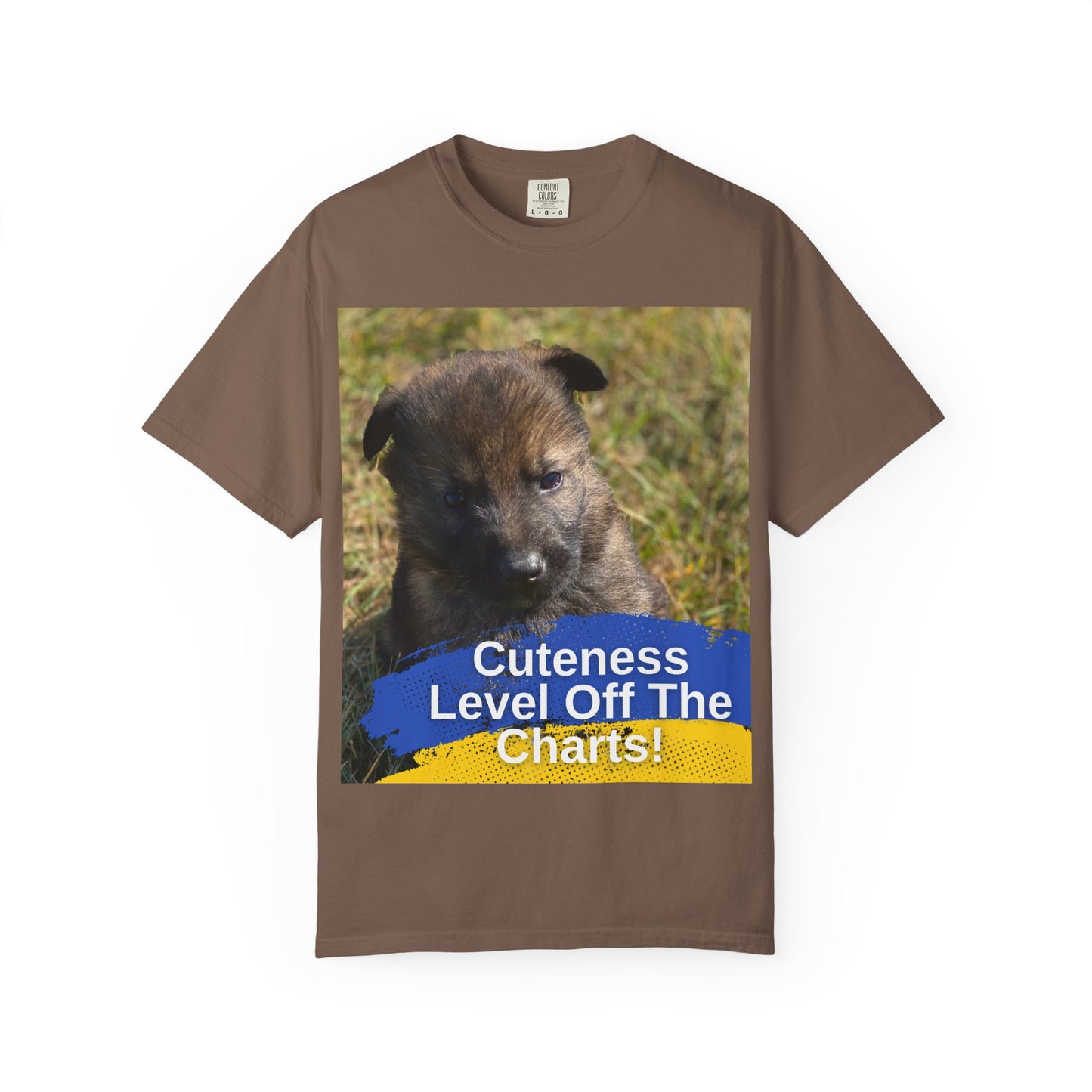 Unisex Dog Lover T-Shirt Featuring a German Shepherd Puppy and Caption Cuteness Level Off The Charts
