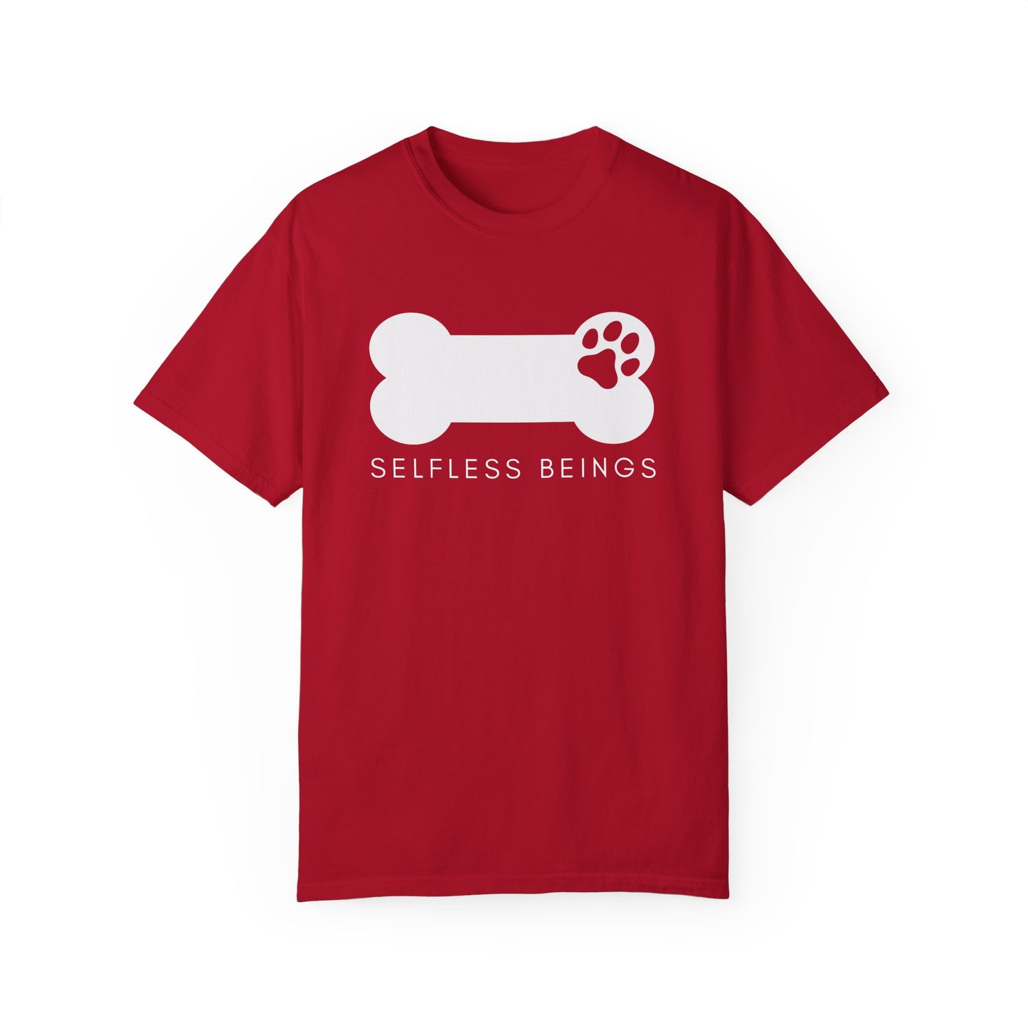 Unisex Dog Lover T-Shirt With Dog's Paw Print Inside a Bone and Caption Selfless Beings