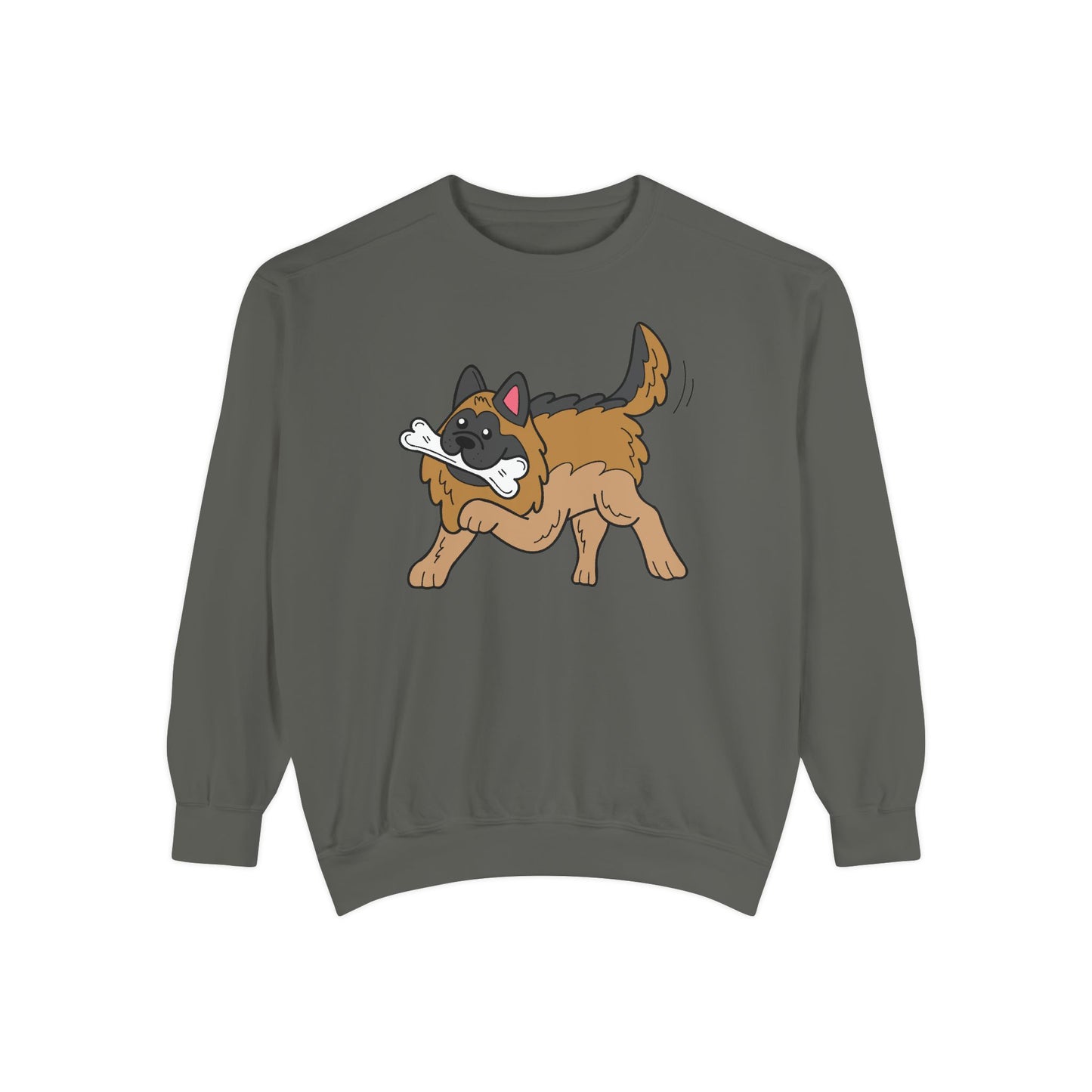 Unisex Dog Lover Sweatshirt With a Graphic of a German Shepherd Holding a White Bone in Mouth