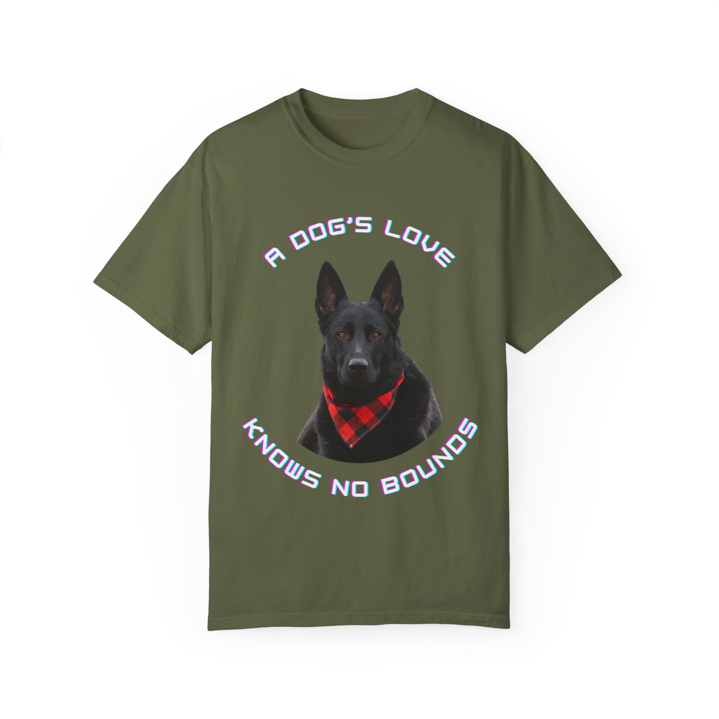 Unisex Dog Lover T-Shirt With Black German Shepherd Wearing a Romal and Quote A Dog’s Love Knows No Bounds