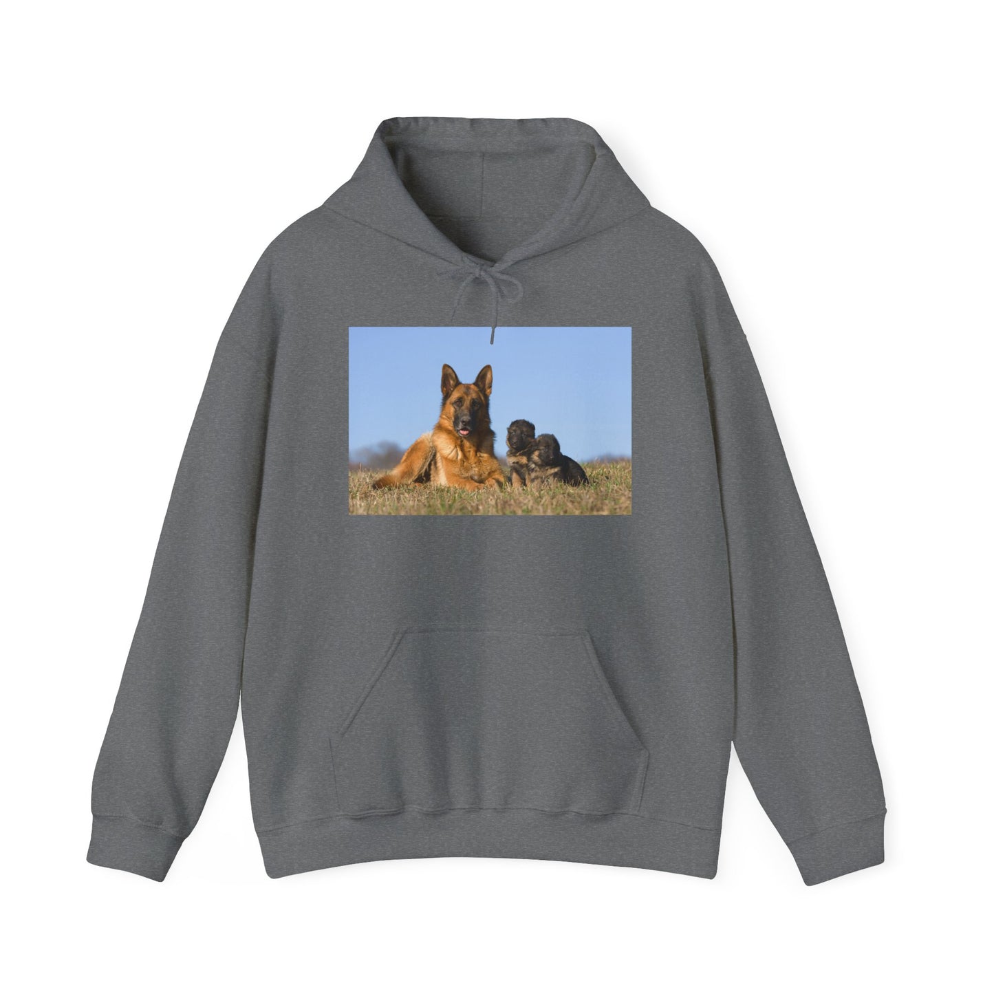 A Unisex Dog Lover Hoodie With a German Shepherd Lying on the Grass With Two Puppies