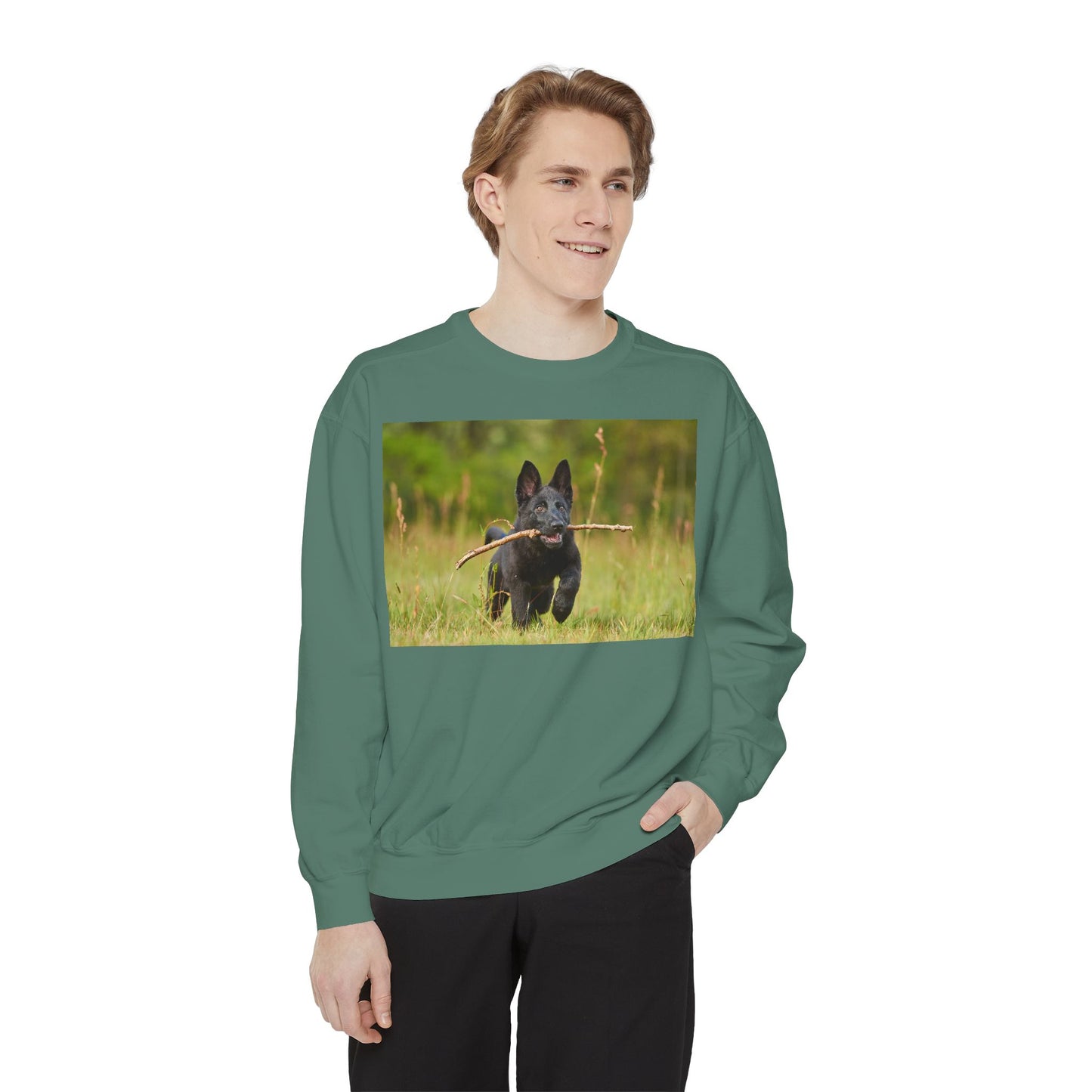 Unisex Dog Lover Sweatshirt With Black German Shepherd Puppy Running on the Grass Holding a Stick in the Mouth