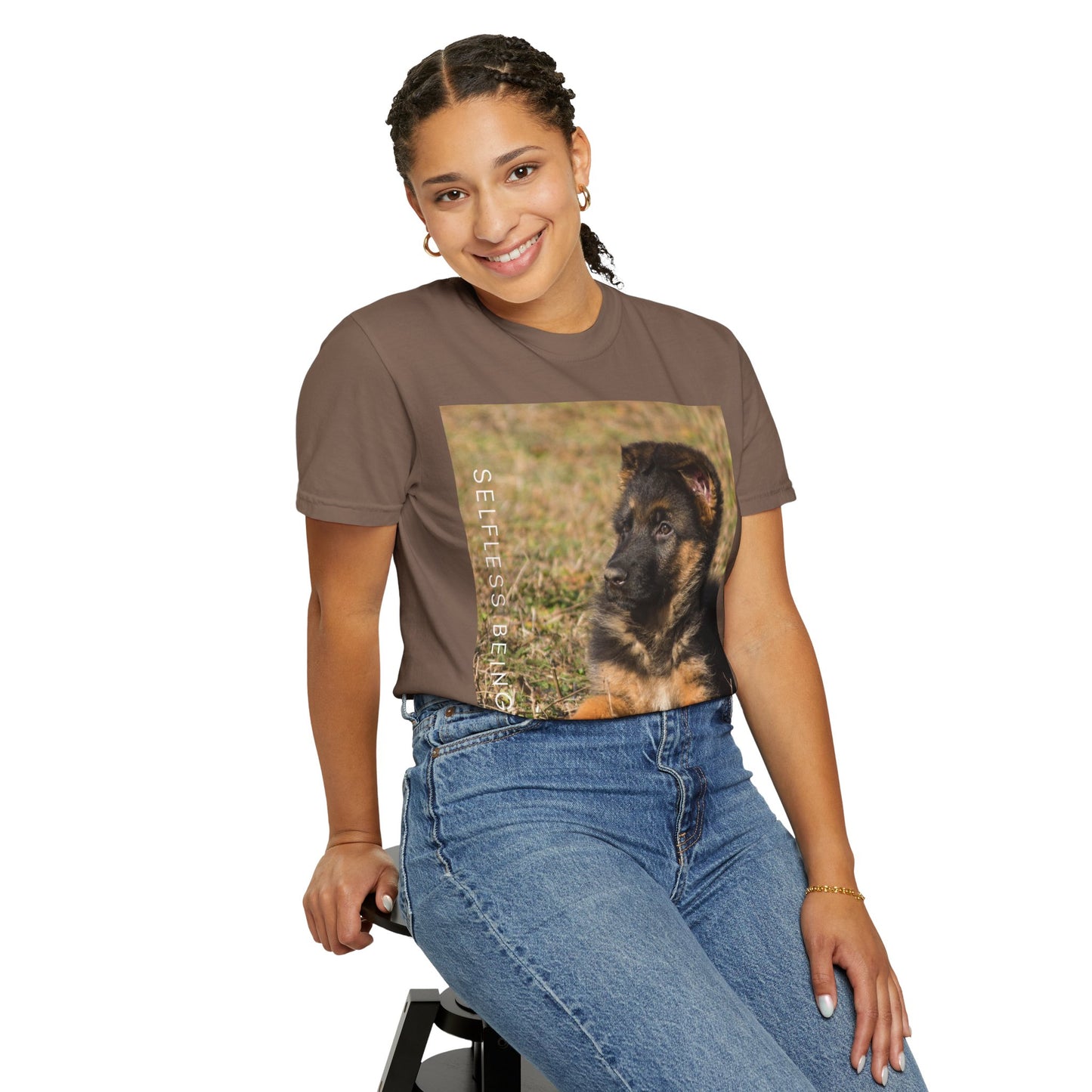 Unisex Dog Lover T-Shirt With Beautiful German Shepherd Puppy Resting On the Grass and Caption Selfless Beings