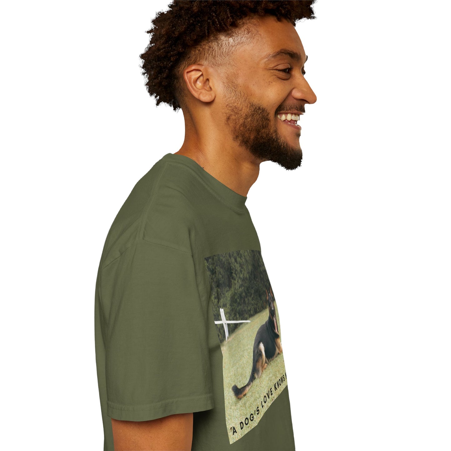 Unisex Dog Lover T-Shirt With a Giant German Shepherd Resting On the Grass Leaving Tongue Out and Text A Dog's Love Knows
