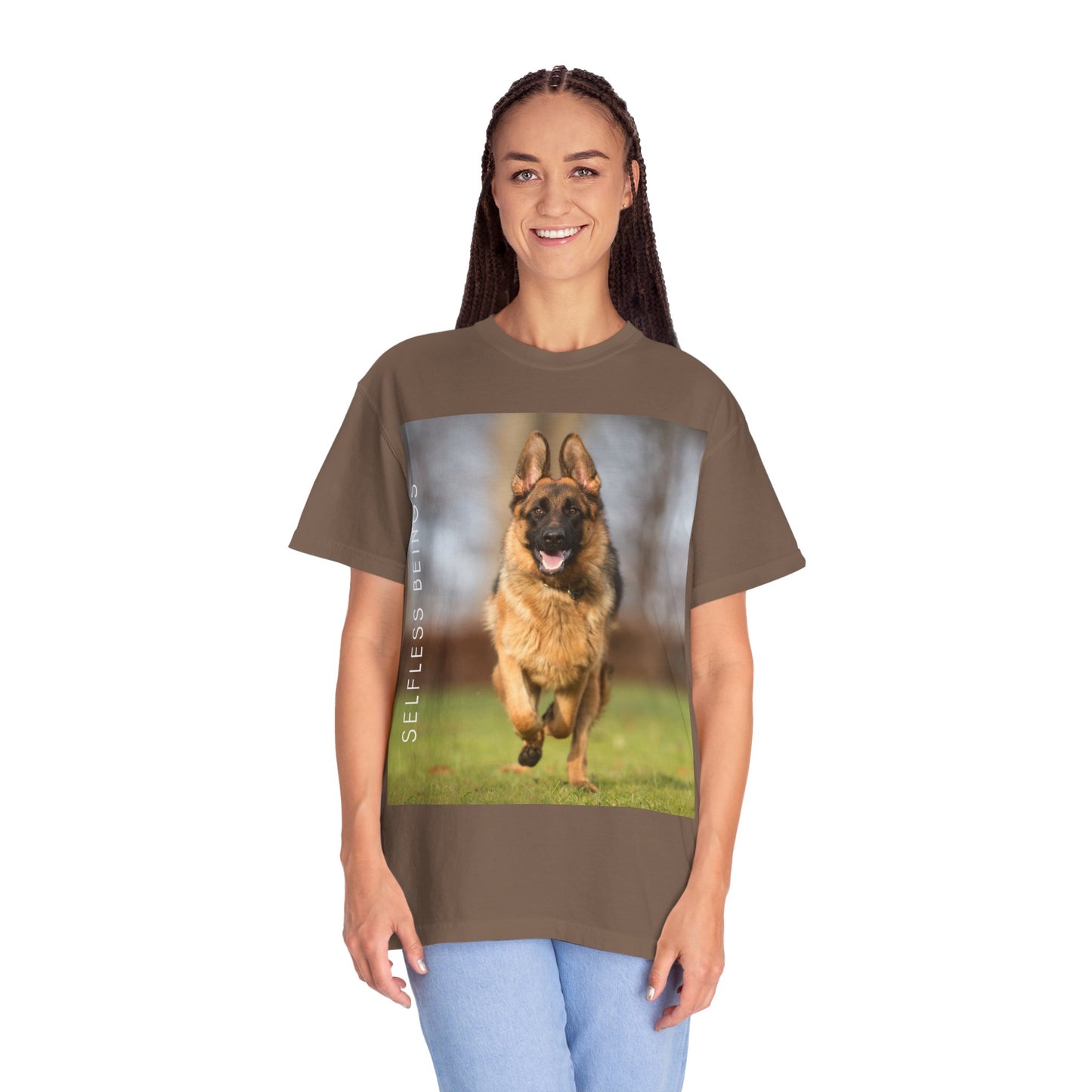 Unisex Dog Lover T-Shirt With Large German Shepherd Running on the Grass and Caption Selfless Beings