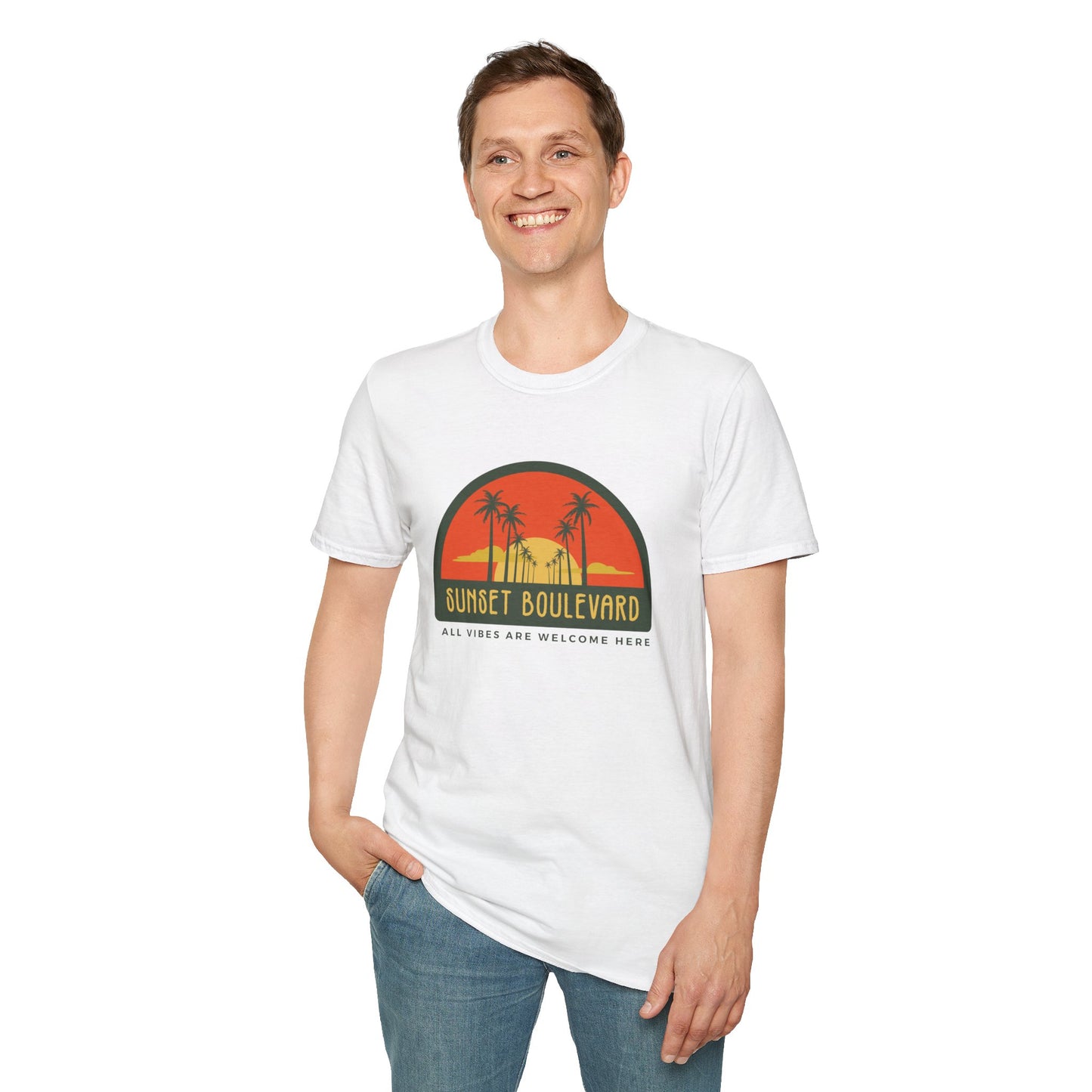 Sunset Boulevard Unisex Softstyle T-Shirt, Retro Beach Tee, Vacation Shirt, Summer Apparel, Travel Gift