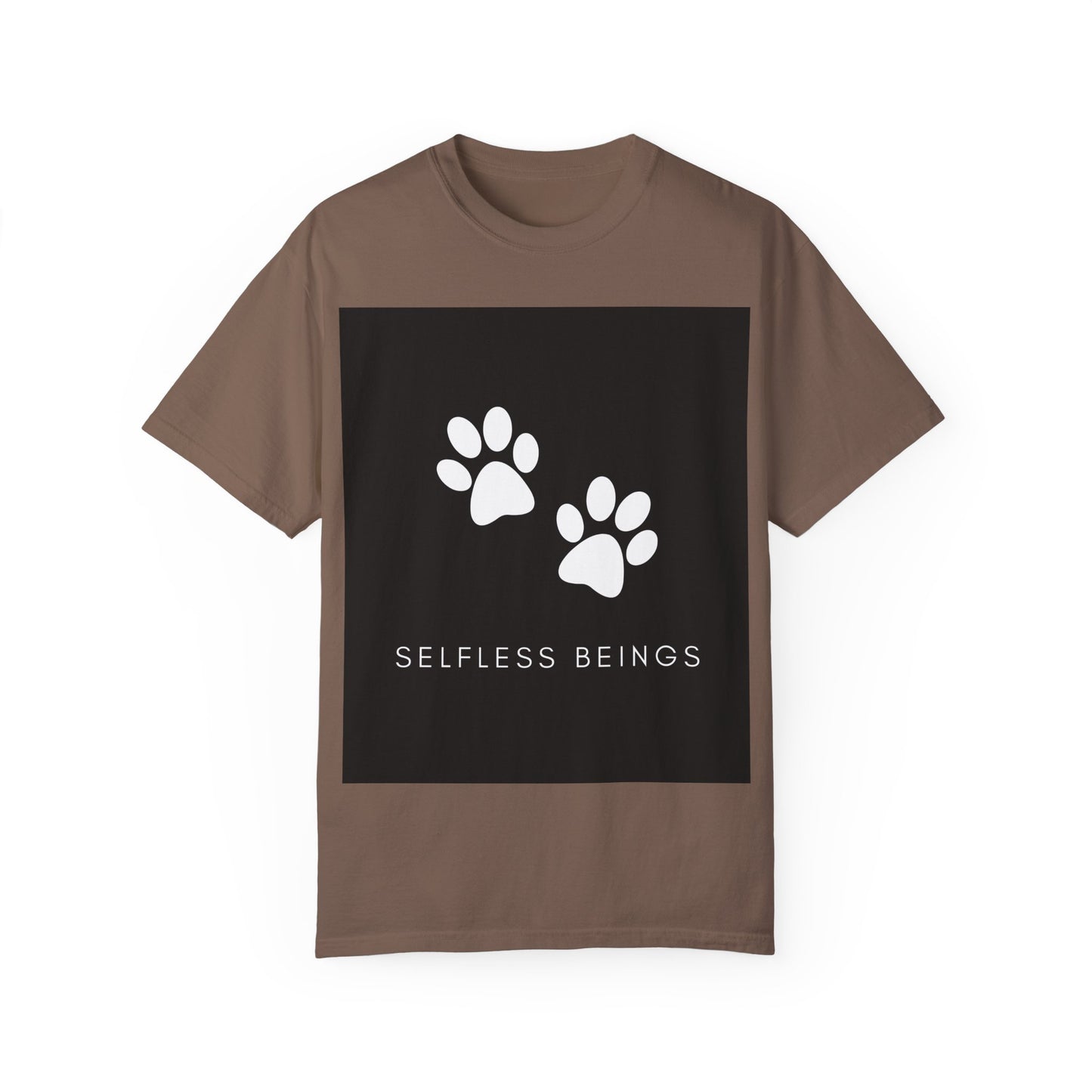 Unisex Dog Lover T-Shirt With White Dog Paw Prints and Caption Selfless Beings