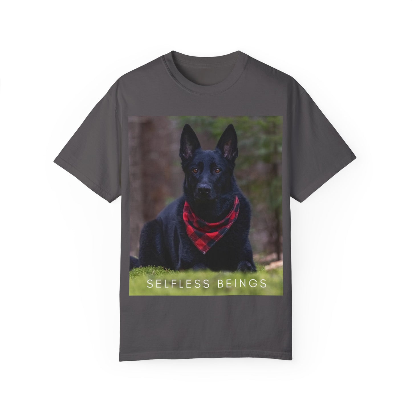 Unisex Dog Lover T-Shirt With a Solid Black German Shepherd Wearing a Red Romal Sitting and Caption Selfless Beings
