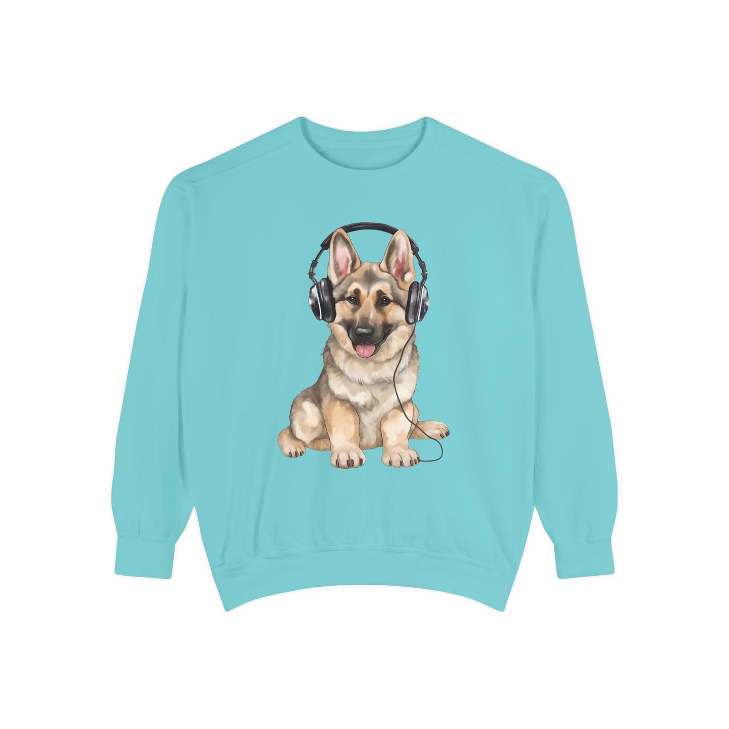Unisex Dog Lover Sweatshirt With a German Shepherd Wearing Headphones Enjoying Music