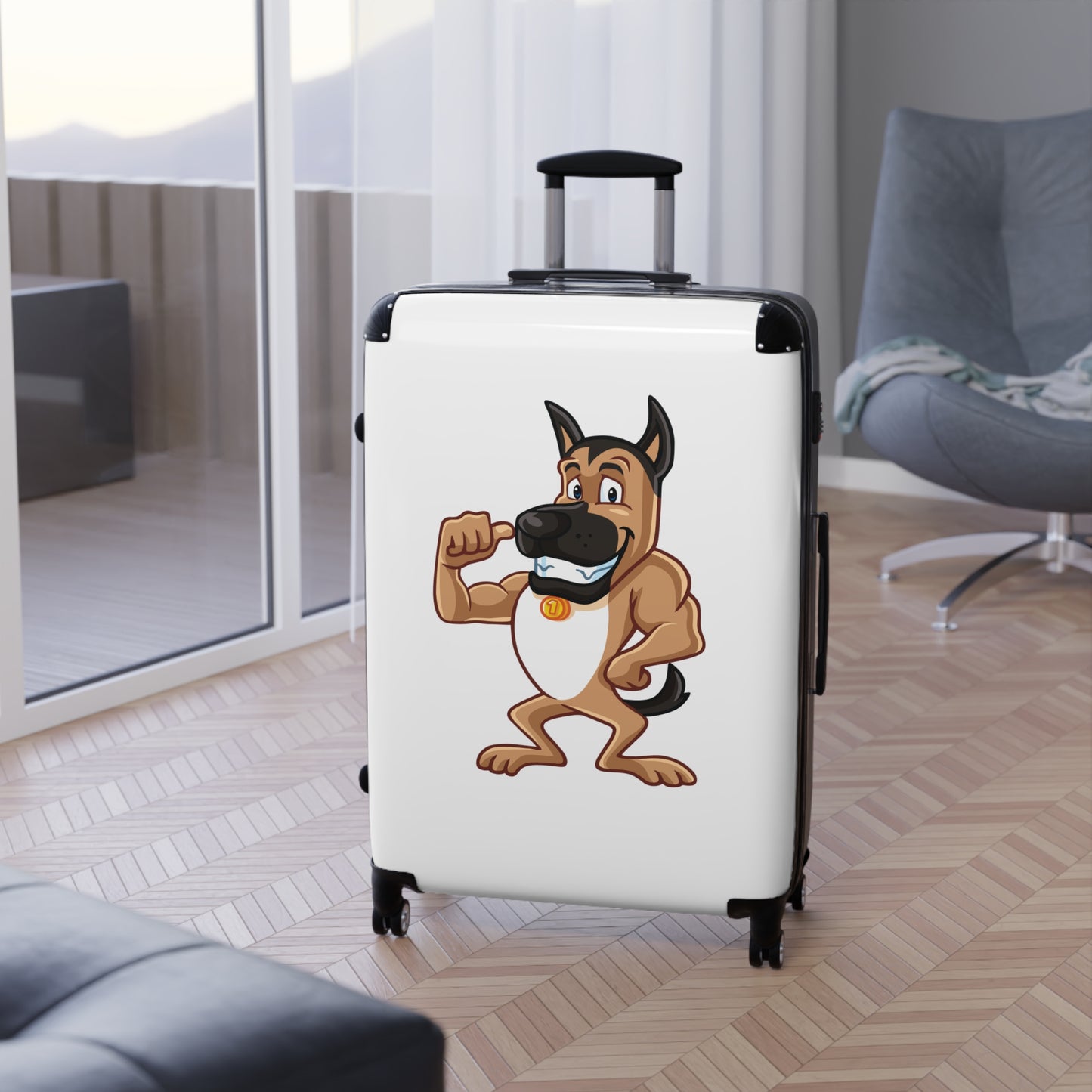 Dog Lover Suitcase Featuring a Funny Cartoon of Muscular German Shepherd Standing on Two Legs