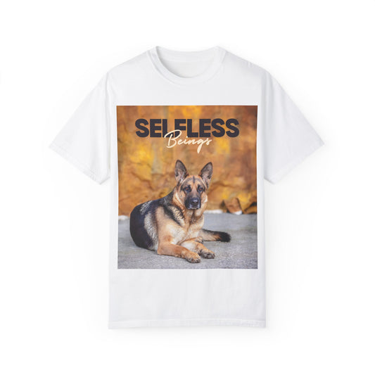 Unisex Dog Lover T-Shirt With Showline German Shepherd Posing for Camera, Autumn Background and Caption Selfless Beings