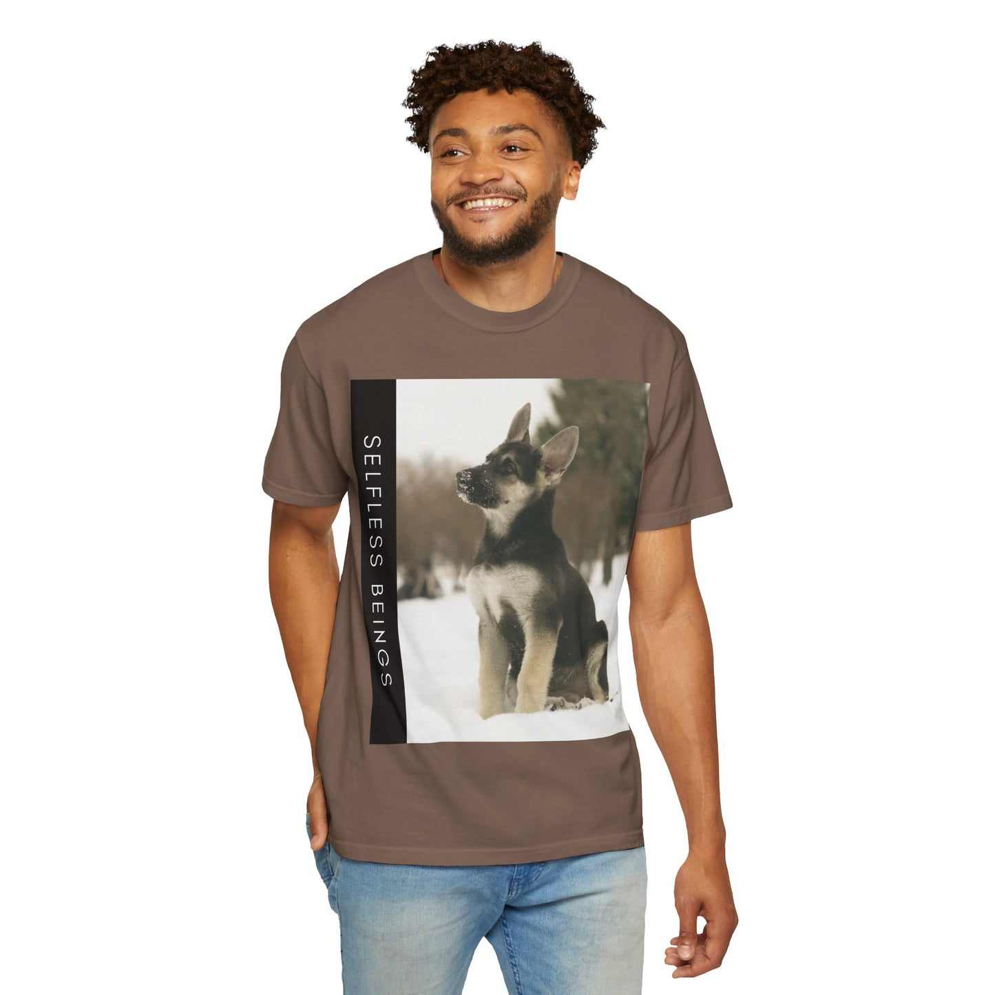 Unisex Dog Lover T-Shirt With a German Shepherd Puppy Sloppily Sitting on the Snow and Caption Selfless Beings