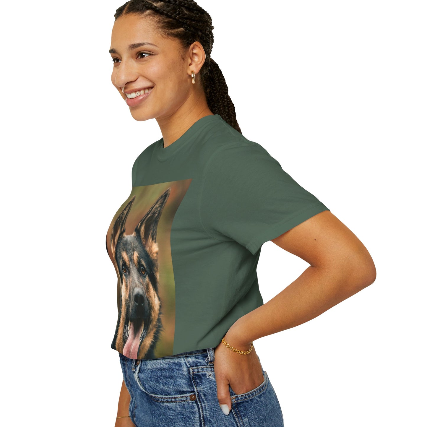 Unisex Dog Lover T-Shirt With Close Up of German Shepherd Leaving His Tongue Out and Caption Selfless Beings
