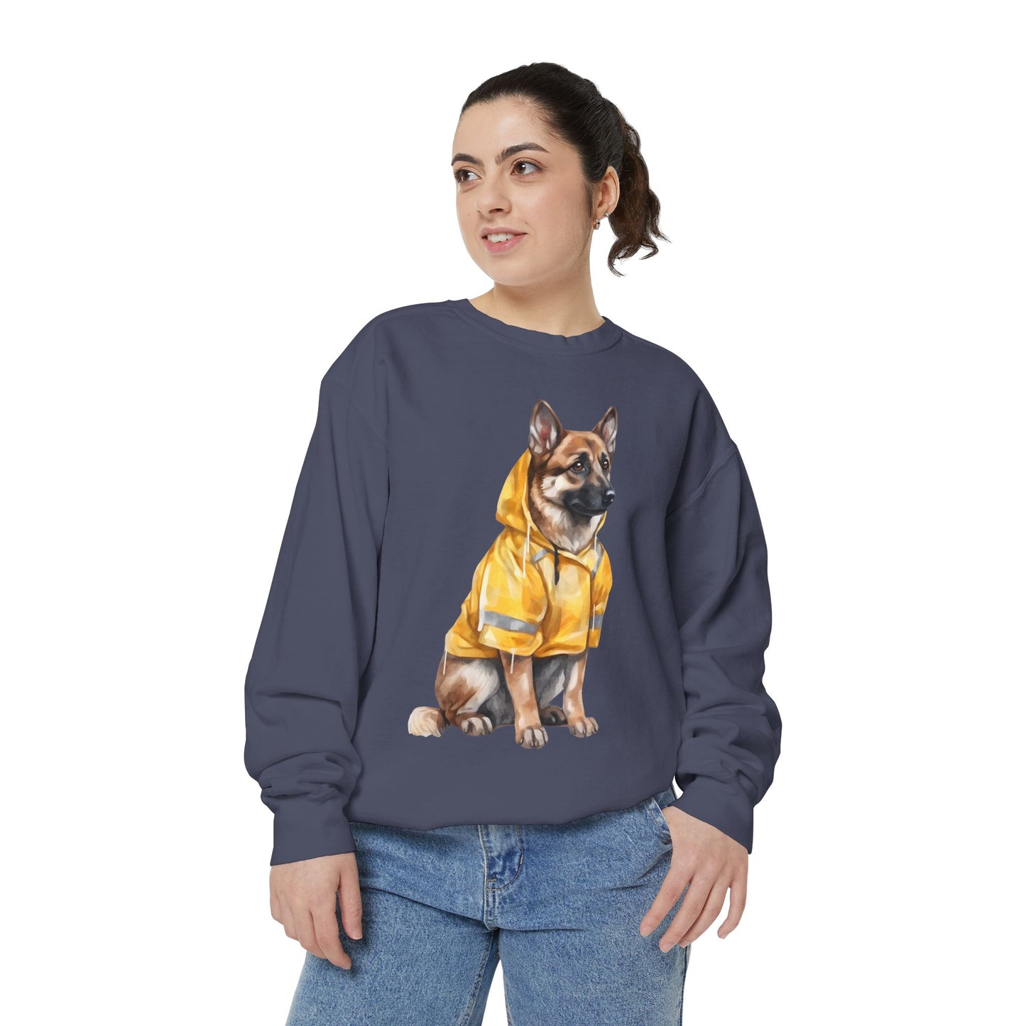 Unisex Dog Lover Sweatshirt With a Graphic of German Shepherd Wearing a Yellow Rain Coat