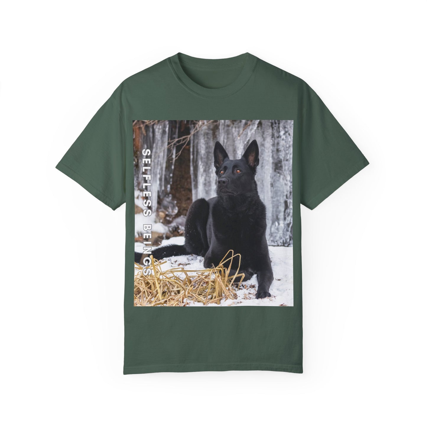 Unisex Dog Lover T-Shirt With Solid Black German Shepherd Sitting on the Snow, Ice Spikes in the Background and Caption Selfless Beings