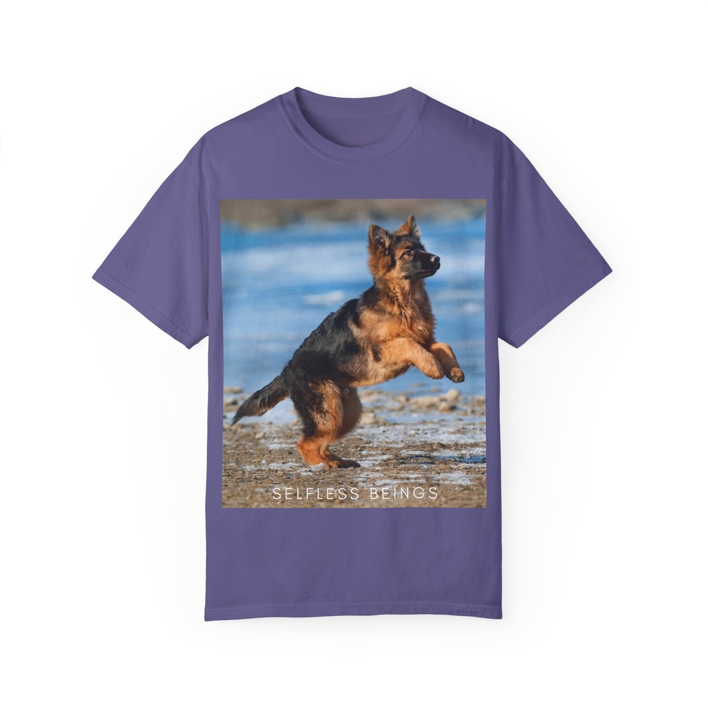 Unisex Dog Lover T-Shirt With Gorgeous German Shepherd Puppy Standing on Back Legs at Seashore and Caption Selfless Beings